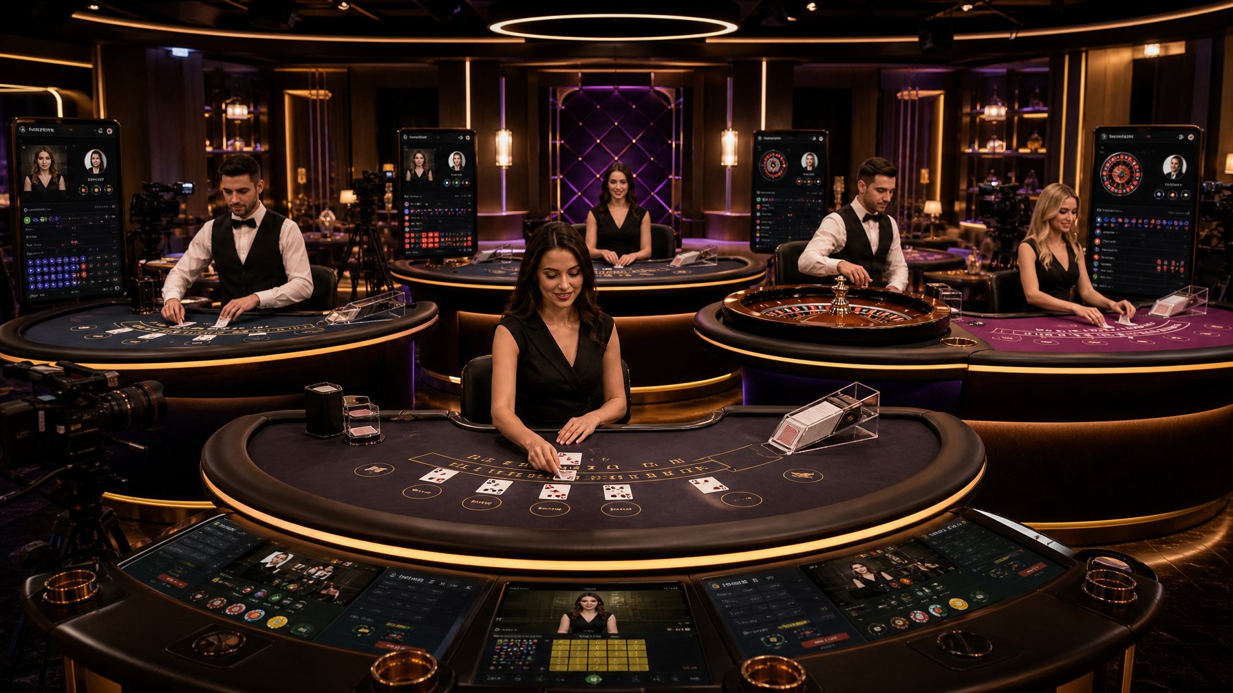 A Casino Scene Showing Multiple Live Dealer Game Tables With Professional Dealers And Digital Gaming Equipment In An Elegant Setting.