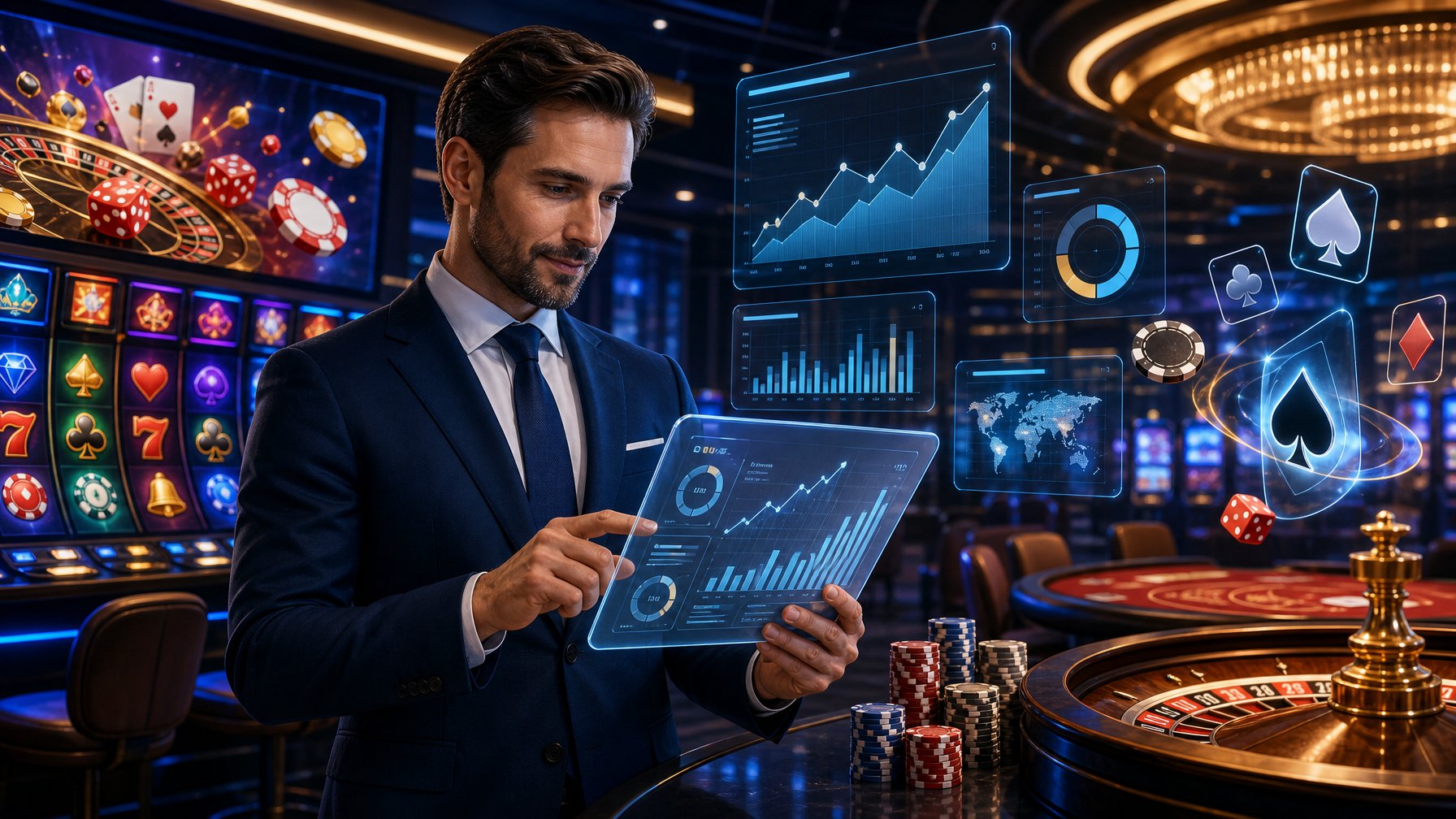 A Person Reviewing Casino Game Data On A Digital Tablet Surrounded By Slot Machines And Gaming Symbols In A Casino Setting.