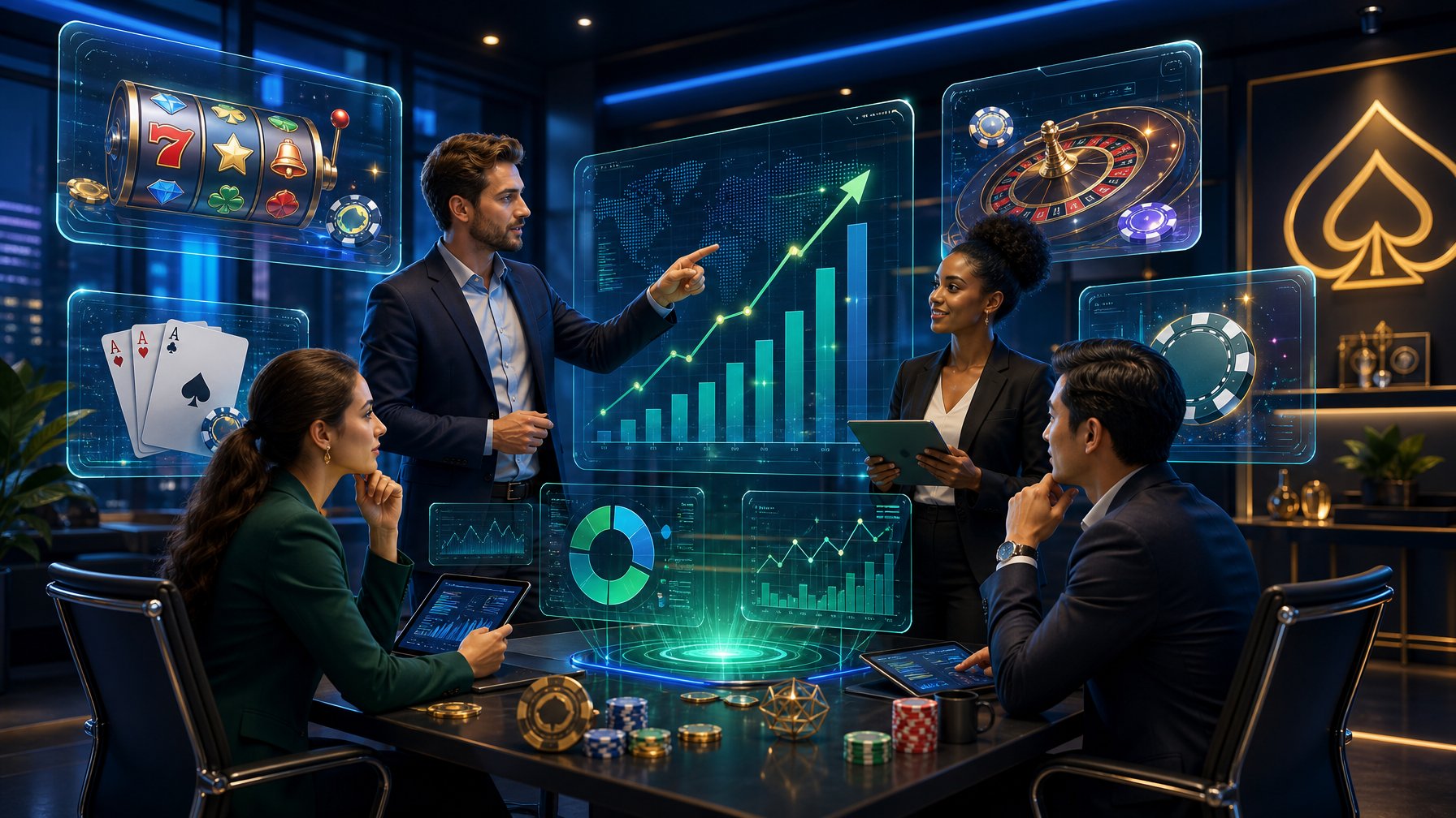 A Team Of Professionals Analyzing Casino Game Elements And Data Charts In A Modern Office Setting.