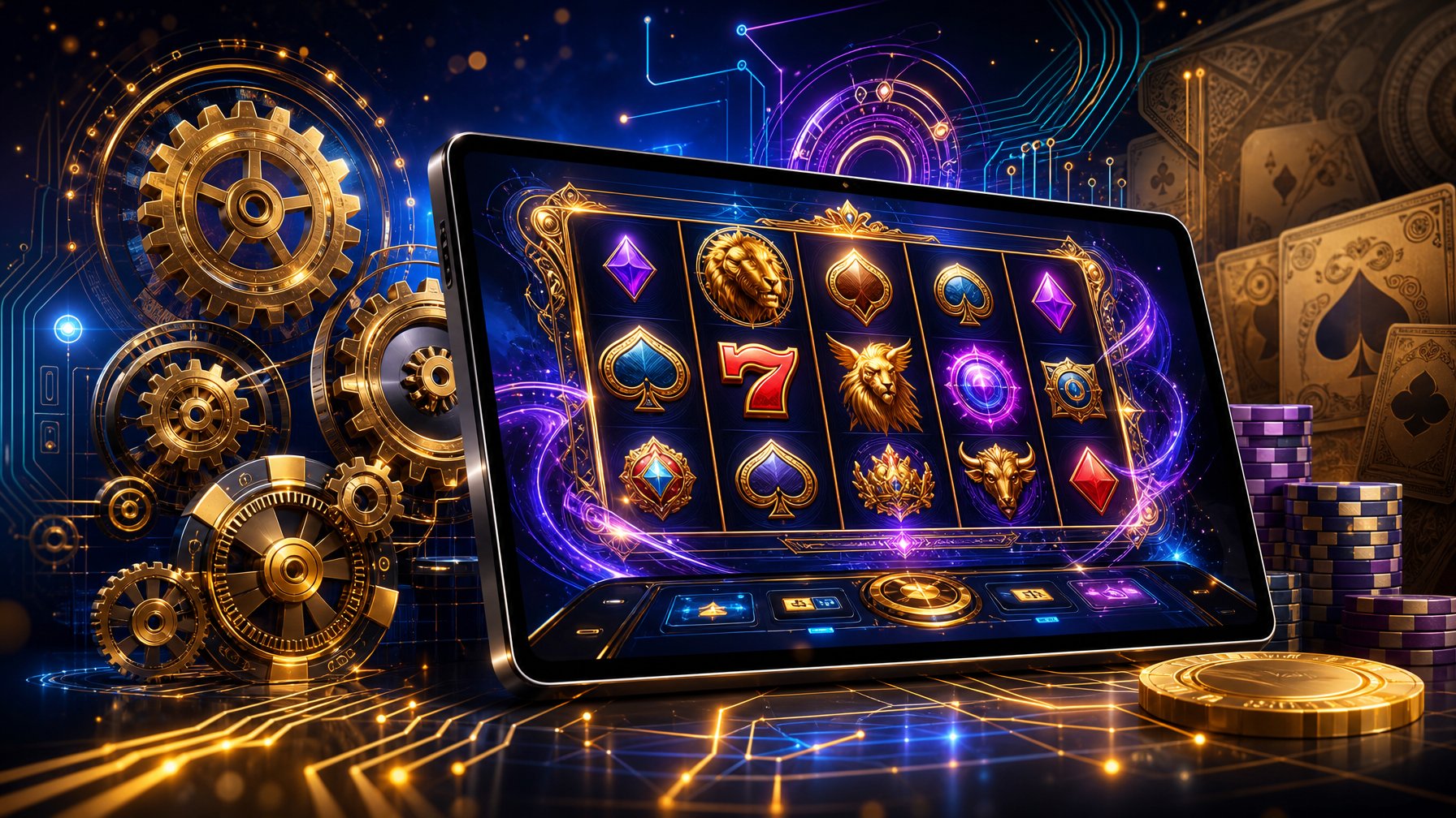 A Digital Casino Game Screen Displaying Colorful Slot Machine Reels Surrounded By Abstract Gears And Circuit Patterns Symbolizing Game Mechanics And Design.