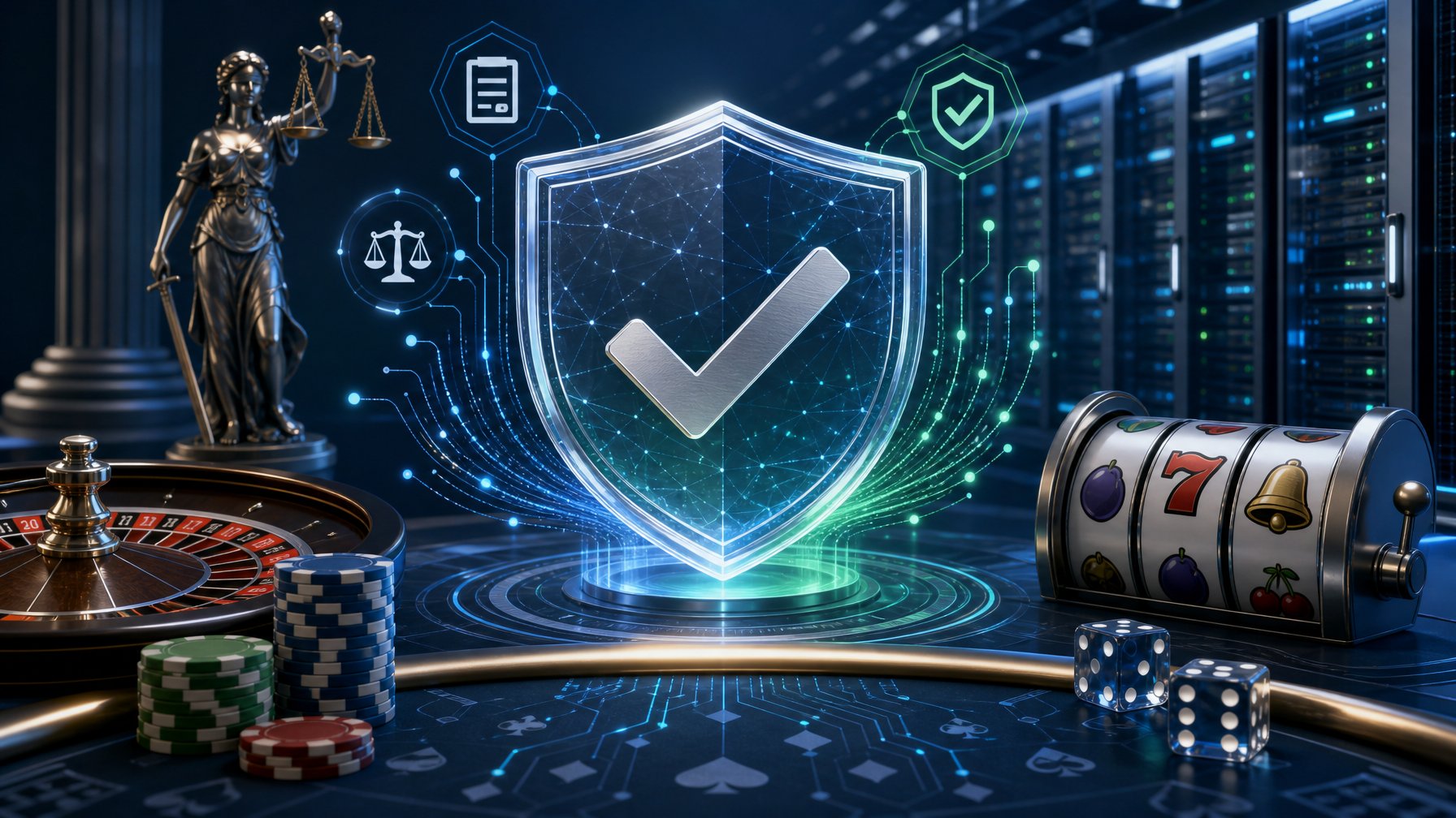 A Digital Casino Environment With A Secure Server Room And A Shield Icon Symbolizing Fairness, Licensing, And Technical Trust.