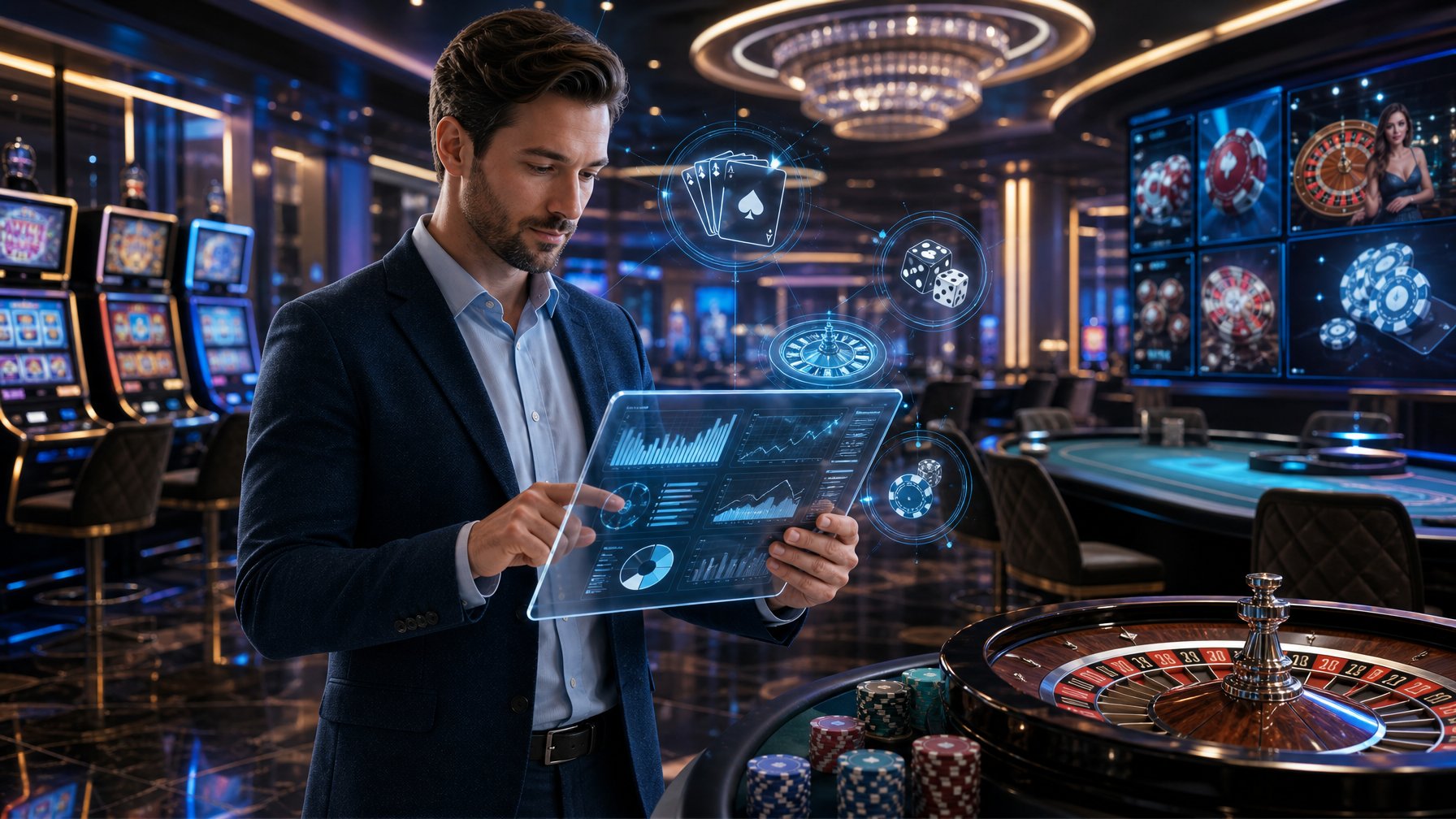 A Person Analyzing Casino Game Data On A Digital Tablet In A Modern Casino Filled With Slot Machines And Gaming Tables.
