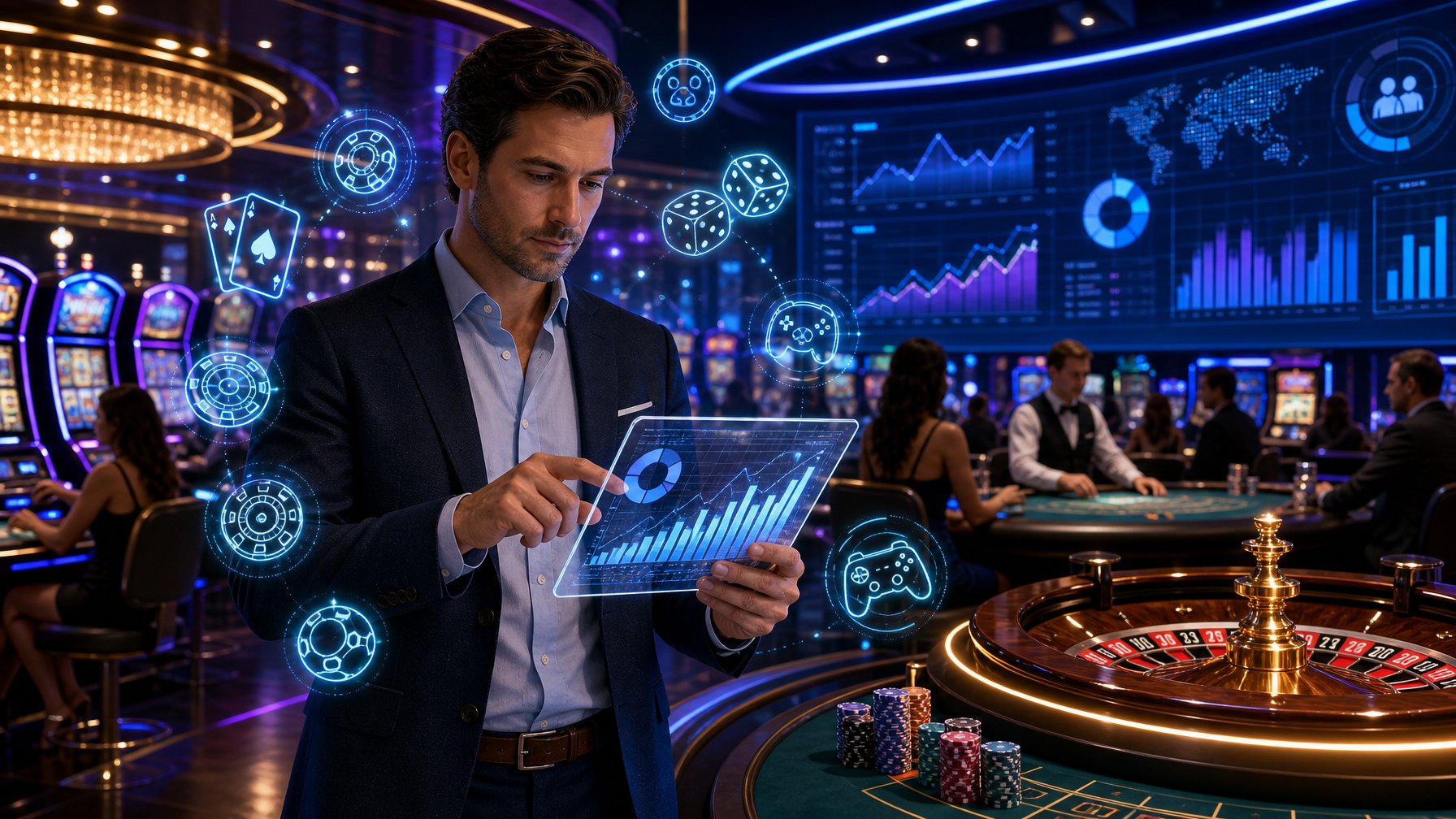 A Business Professional Reviewing Gaming Data On A Digital Tablet In A Modern Casino With Slot Machines, Card Tables, And Holographic Gaming Icons Around.