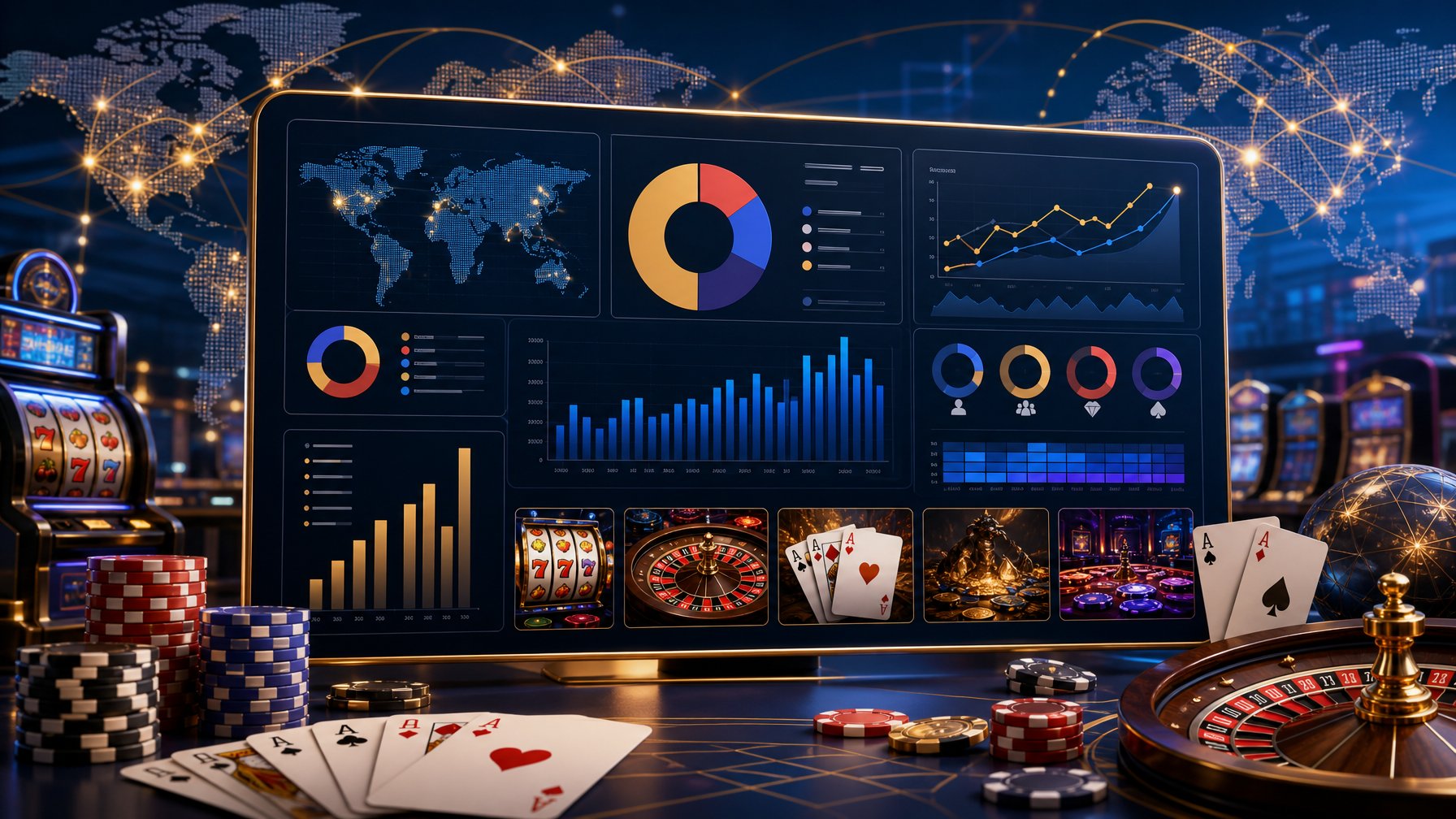 A Digital Dashboard Showing Casino Game Statistics Surrounded By Casino Elements Like Slot Machines, Poker Chips, And Playing Cards, With A Global Network Background.