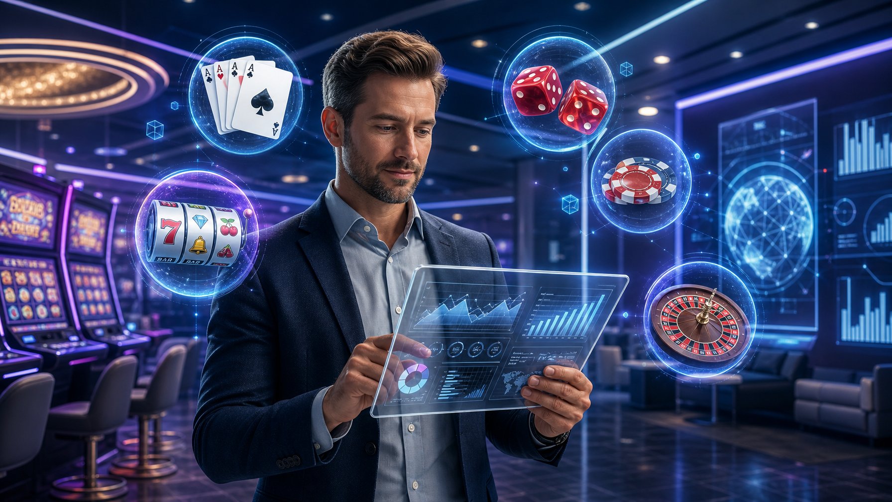 A Business Professional Analyzing Digital Casino Game Data With Holographic Icons Of Cards, Dice, And Slot Machines In A Modern Casino Setting.