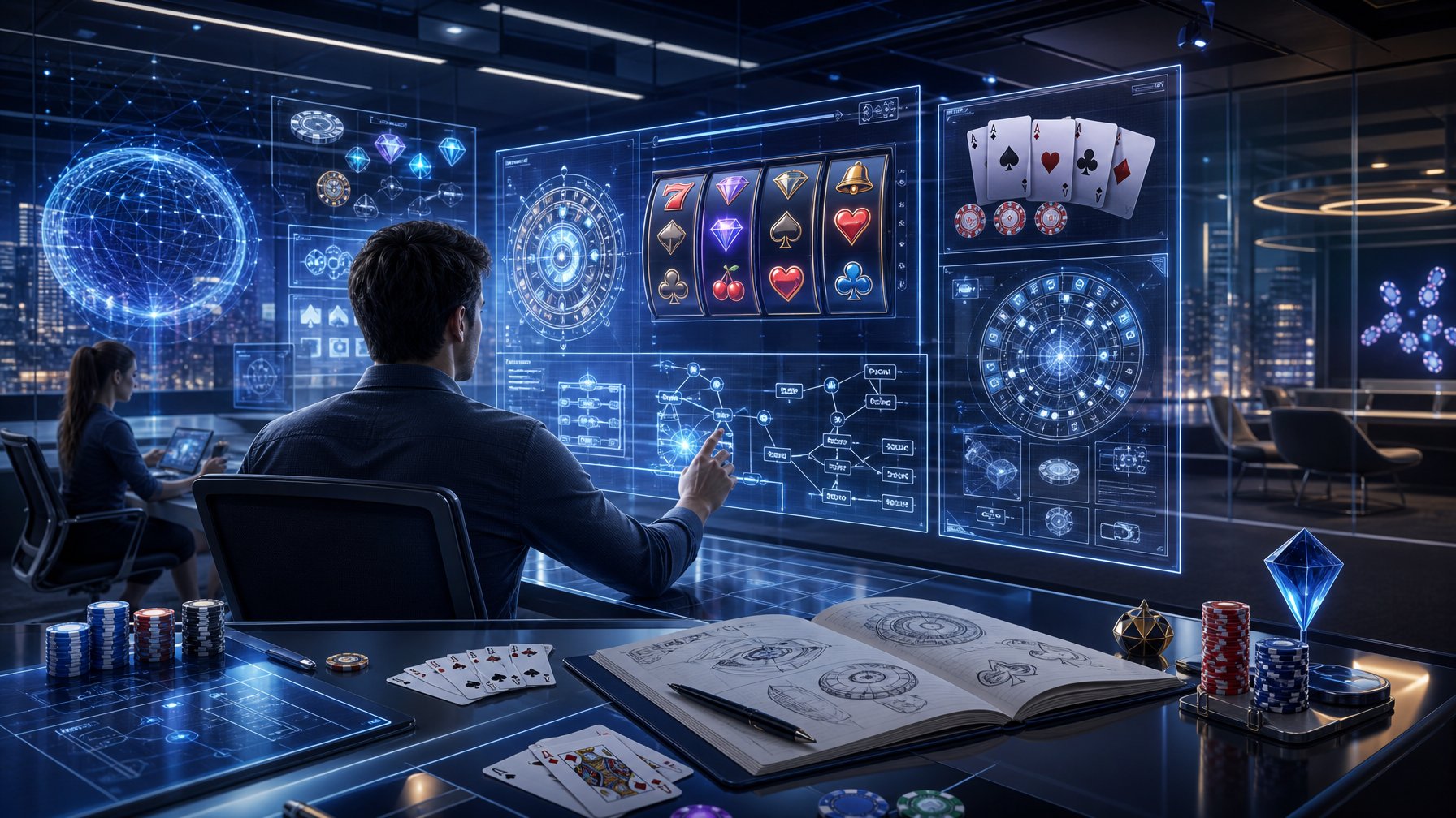A Futuristic Workspace Showing Transparent Digital Screens With Casino Game Design Elements Like Slot Reels And Card Symbols, Illustrating Game Mechanics And Design Innovation.