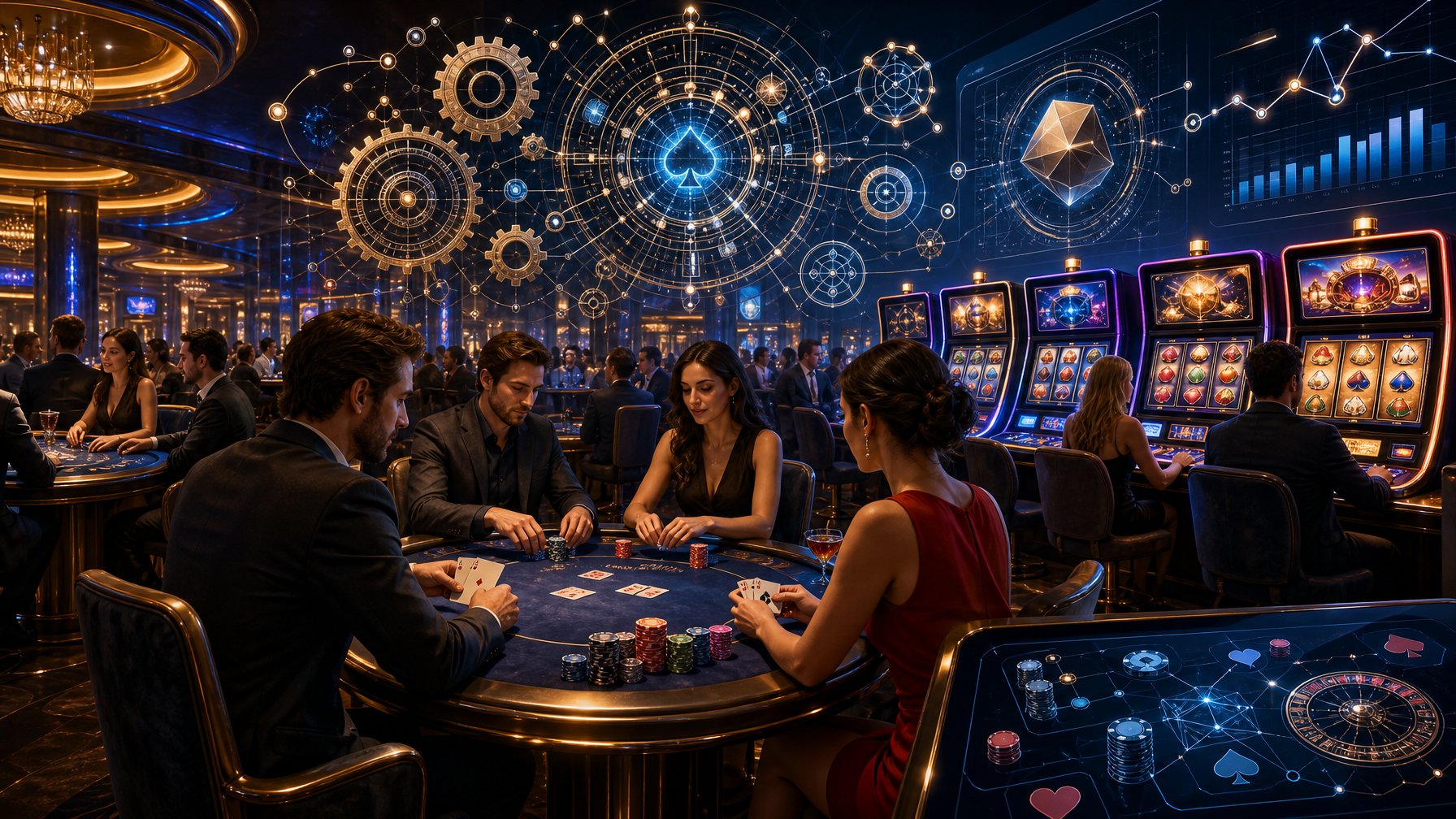 A Casino Floor Scene Showing Slot Machines, Poker Tables, And Digital Game Interfaces With Abstract Gears And Nodes Representing Game Mechanics And Gameplay Features.