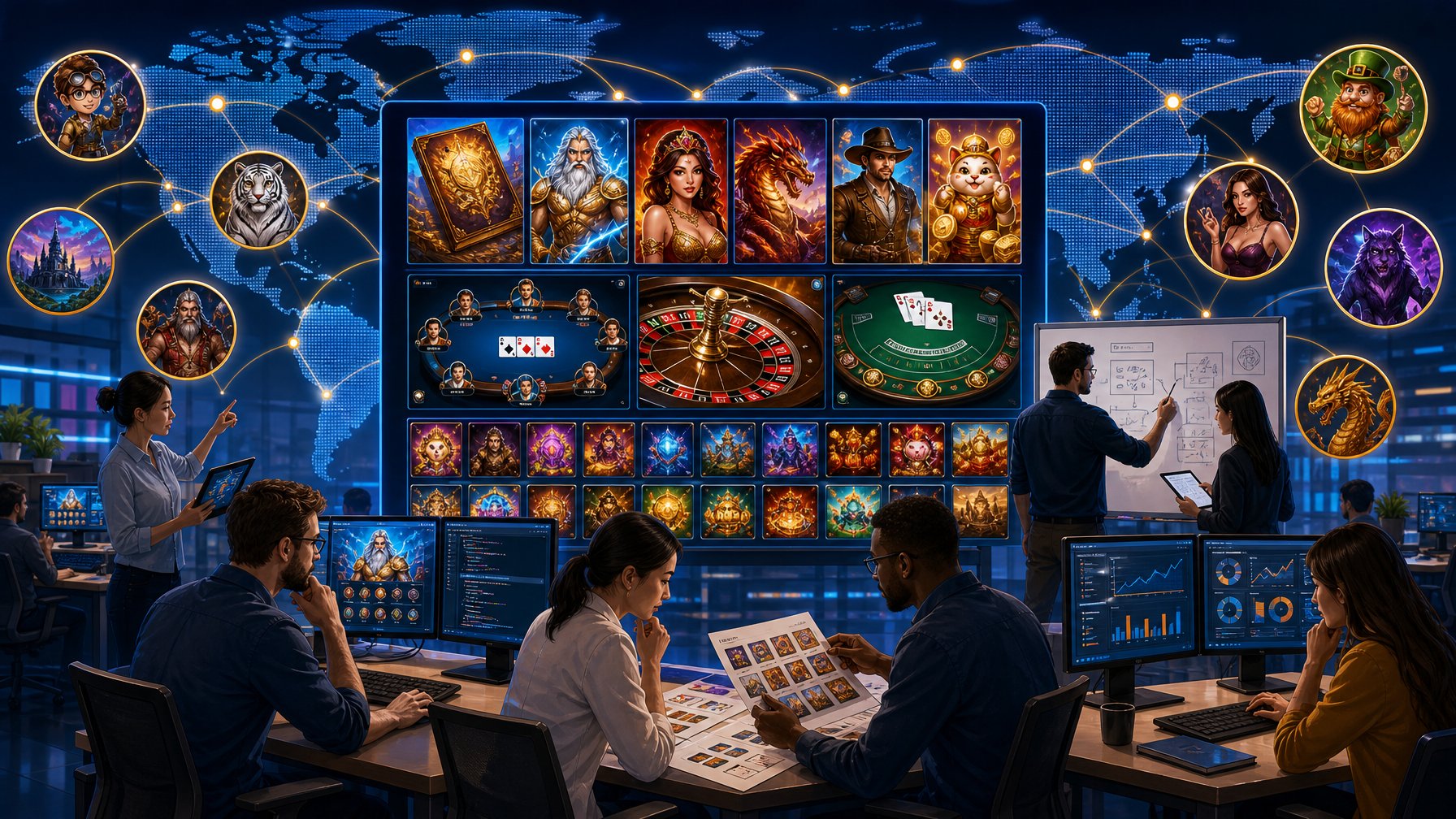 A Scene Showing People Collaborating Around Multiple Screens Displaying Various Casino Games With A World Map In The Background Highlighting Global Reach.