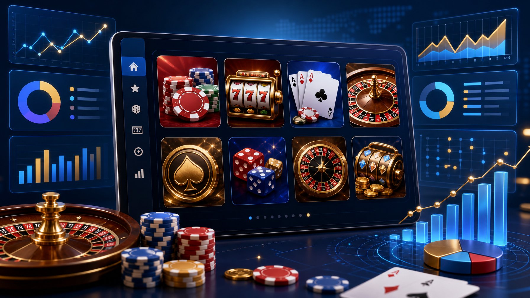 A Digital Dashboard Showing Casino Game Icons Like Poker Chips, Slot Machines, Playing Cards, And Roulette Wheels, Surrounded By Charts And Graphs Representing Game Themes And Performance Data.
