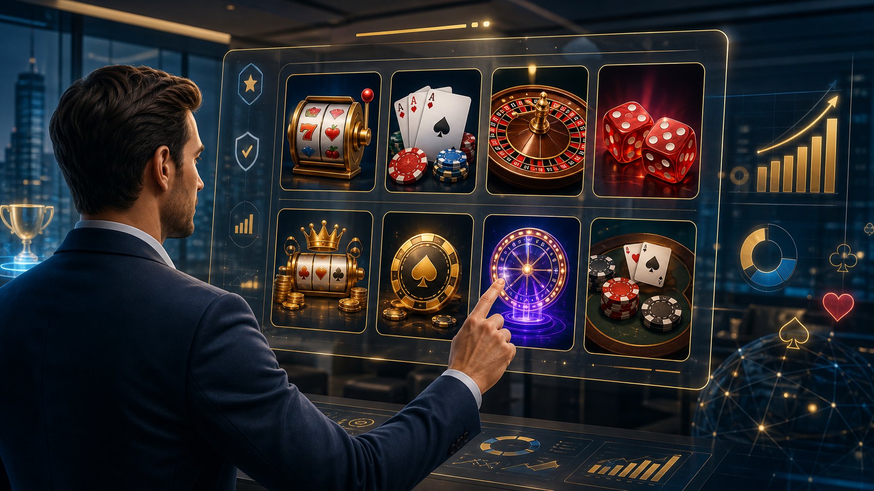 A Digital Touchscreen Display Showing Various Casino Game Icons Like Slot Machines, Poker Cards, Roulette Wheels, And Dice In A Modern Office Setting With Floating Gaming Symbols.