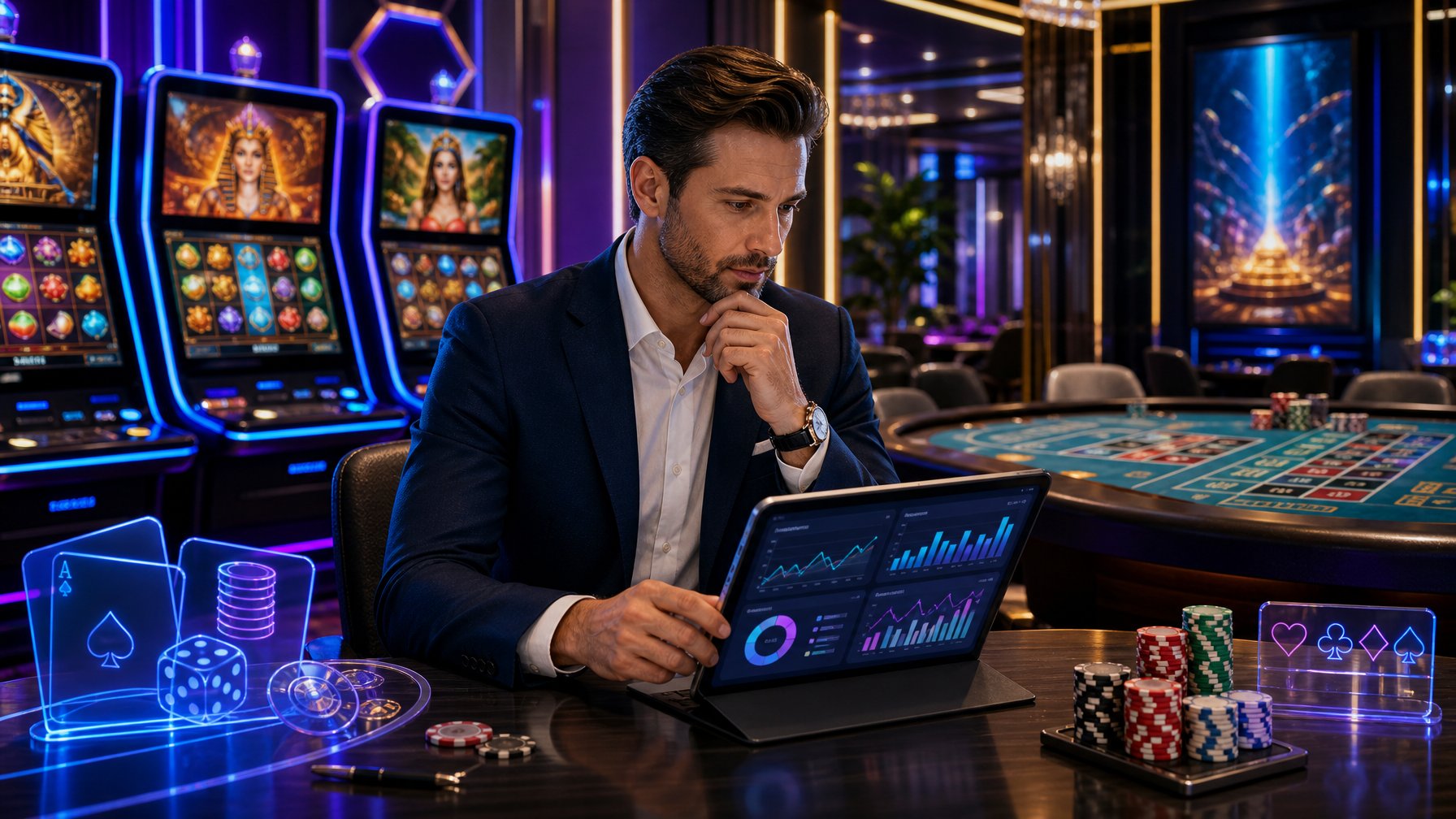 A Person Reviewing Casino Games On A Tablet Surrounded By Slot Machines And Gaming Elements In A Modern Casino Setting.