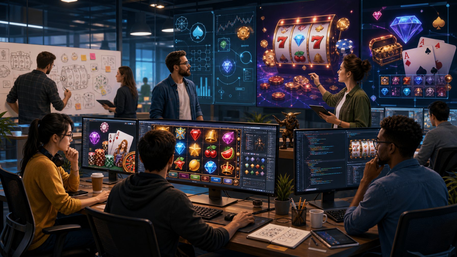 A Team Of Game Developers Working Together In An Office With Computer Screens Showing Colorful Casino Game Graphics.