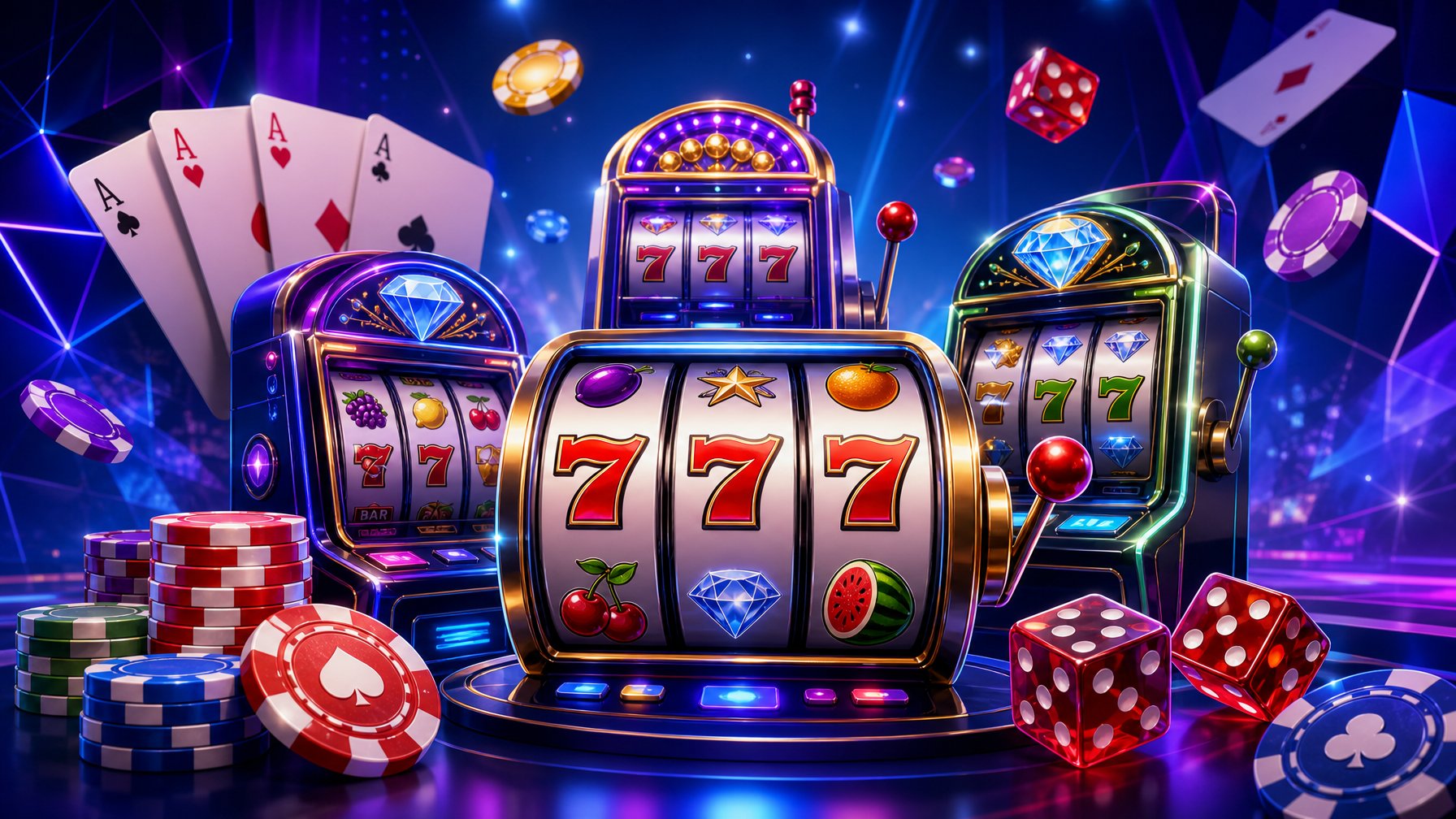 A Colorful Scene Showing Slot Machines, Gaming Chips, Dice, And Playing Cards Arranged To Represent A Casino Game Provider.