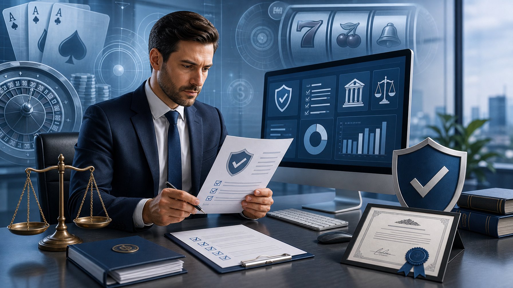 A Business Professional Reviewing Documents And Digital Reports In An Office With Symbols Of Regulation, Security, And Casino Game Icons In The Background.