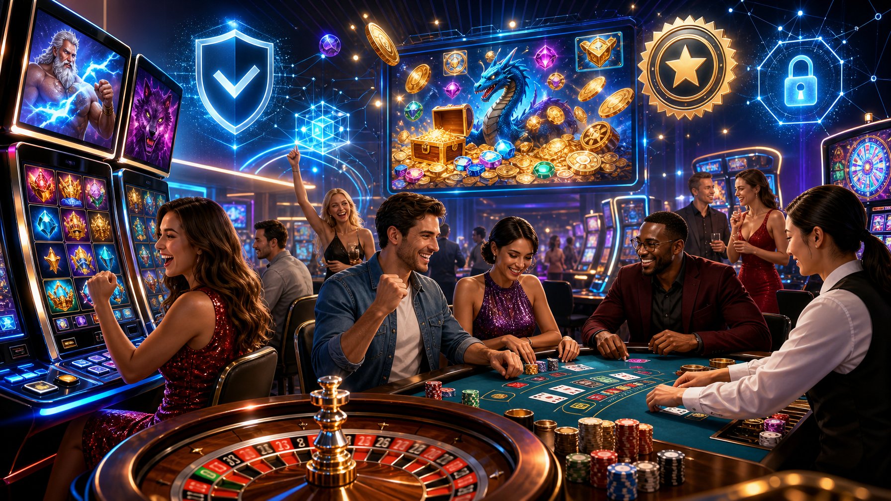 A Lively Casino Scene With Diverse Players Enjoying Slot Machines, Card Games, And Roulette Tables Surrounded By Symbols Of Trust And Innovation.
