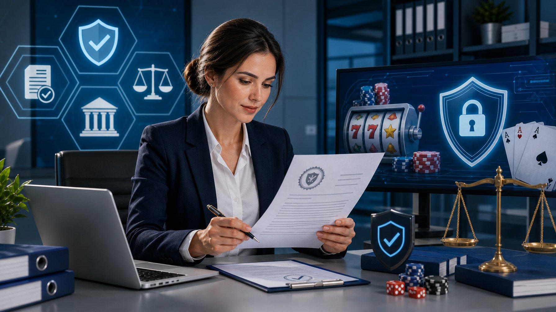 A Businesswoman Reviewing Licensing Documents In An Office With Digital Screens Showing Gaming And Security Icons.