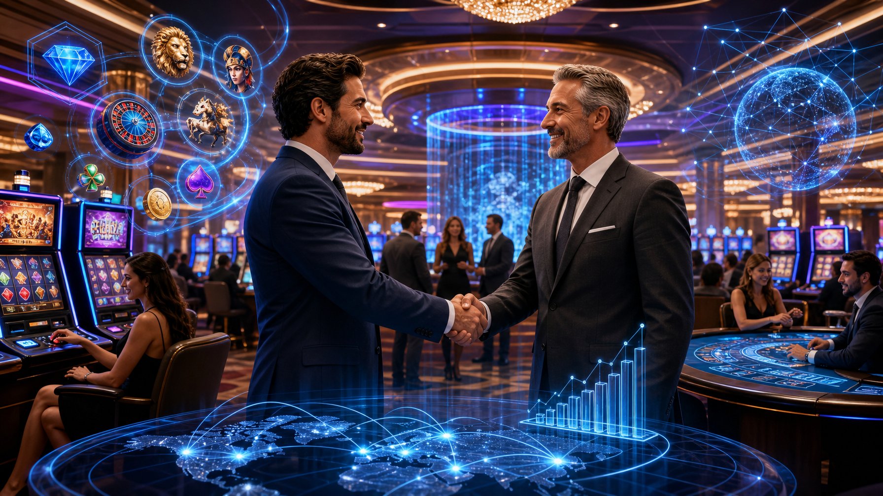 A Casino Floor With Slot Machines And Gaming Tables, Showing Two Businesspeople Shaking Hands Surrounded By Digital Gaming Icons And Charts.