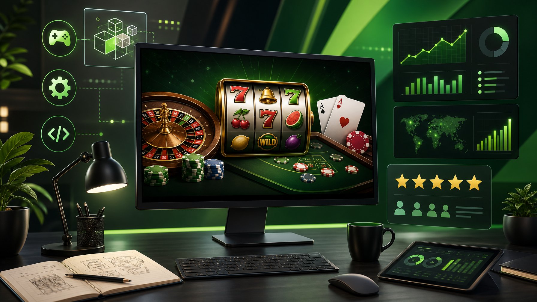 A Workspace Showing A Computer Screen With Colorful Casino Game Graphics, Analytics Charts, And Icons Representing A Casino Game Provider Review.