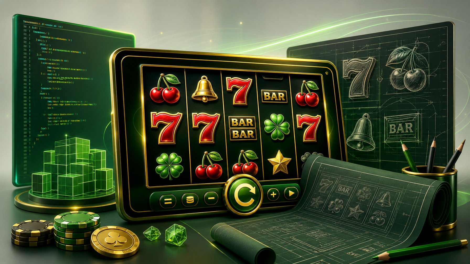 A Modern Casino Game Interface With Slot Machine Reels And Design Elements Representing Game Development And Branding.