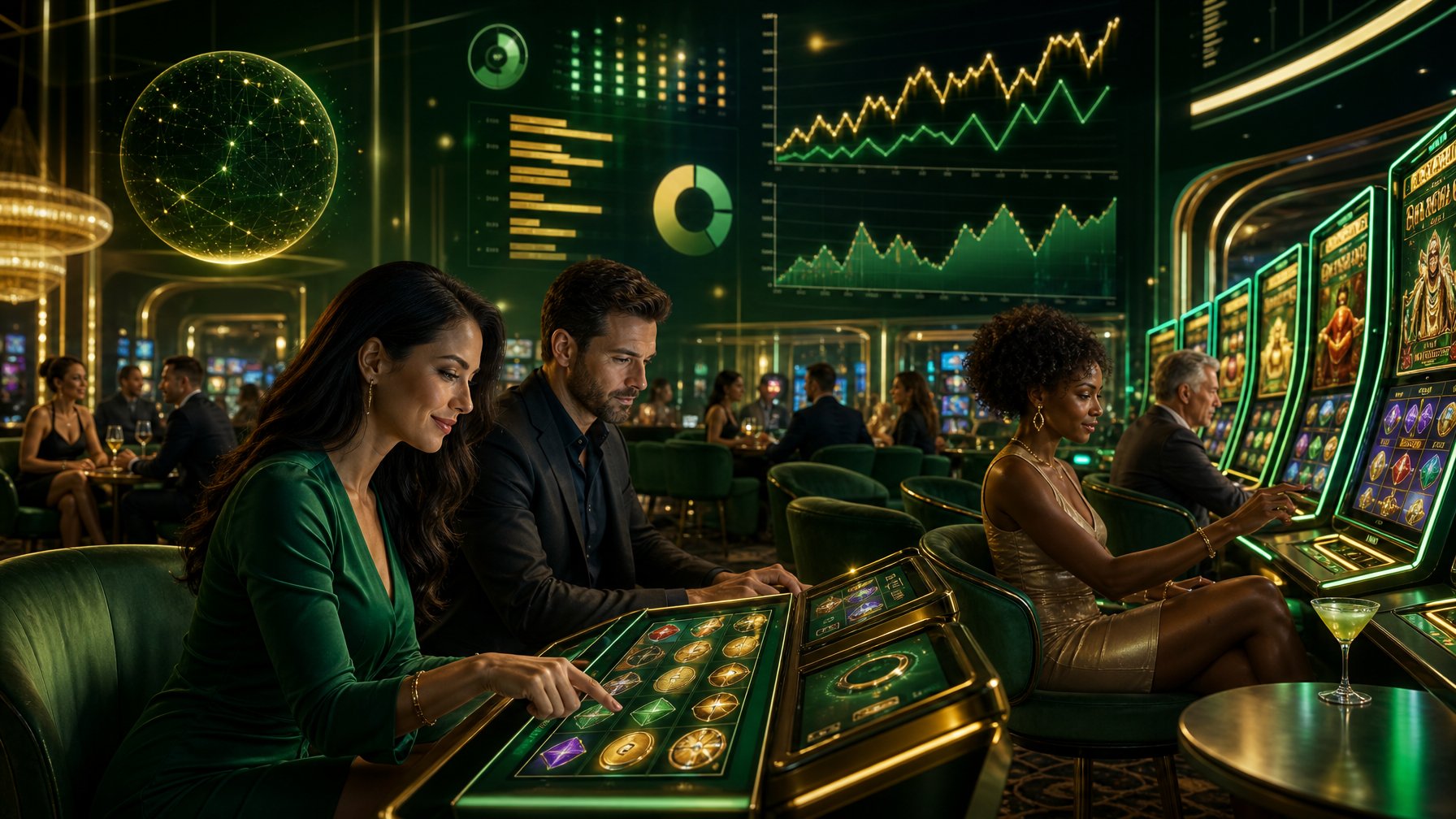 A Group Of People Playing Digital Slot Machines In A Modern Casino With Charts And Graphs Representing Game Statistics In The Background.