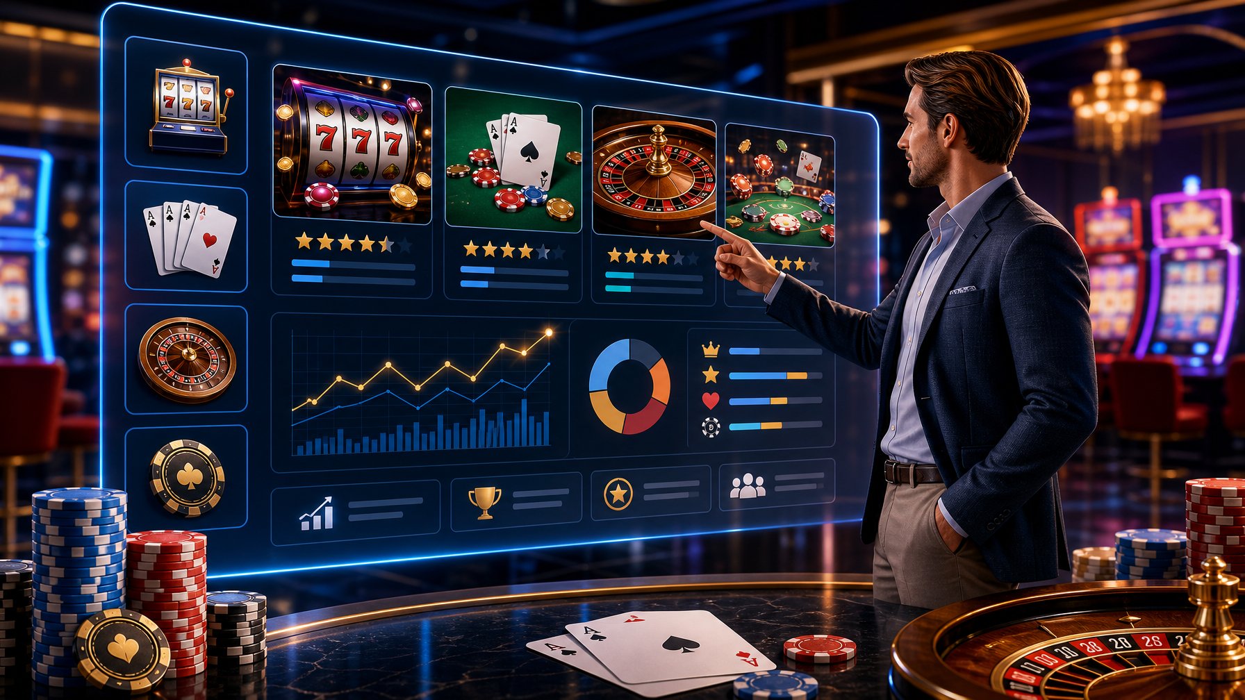 A Person Interacting With A Digital Screen Showing Casino Game Icons And Statistics In A Modern Setting With Casino Elements Like Chips And Cards.