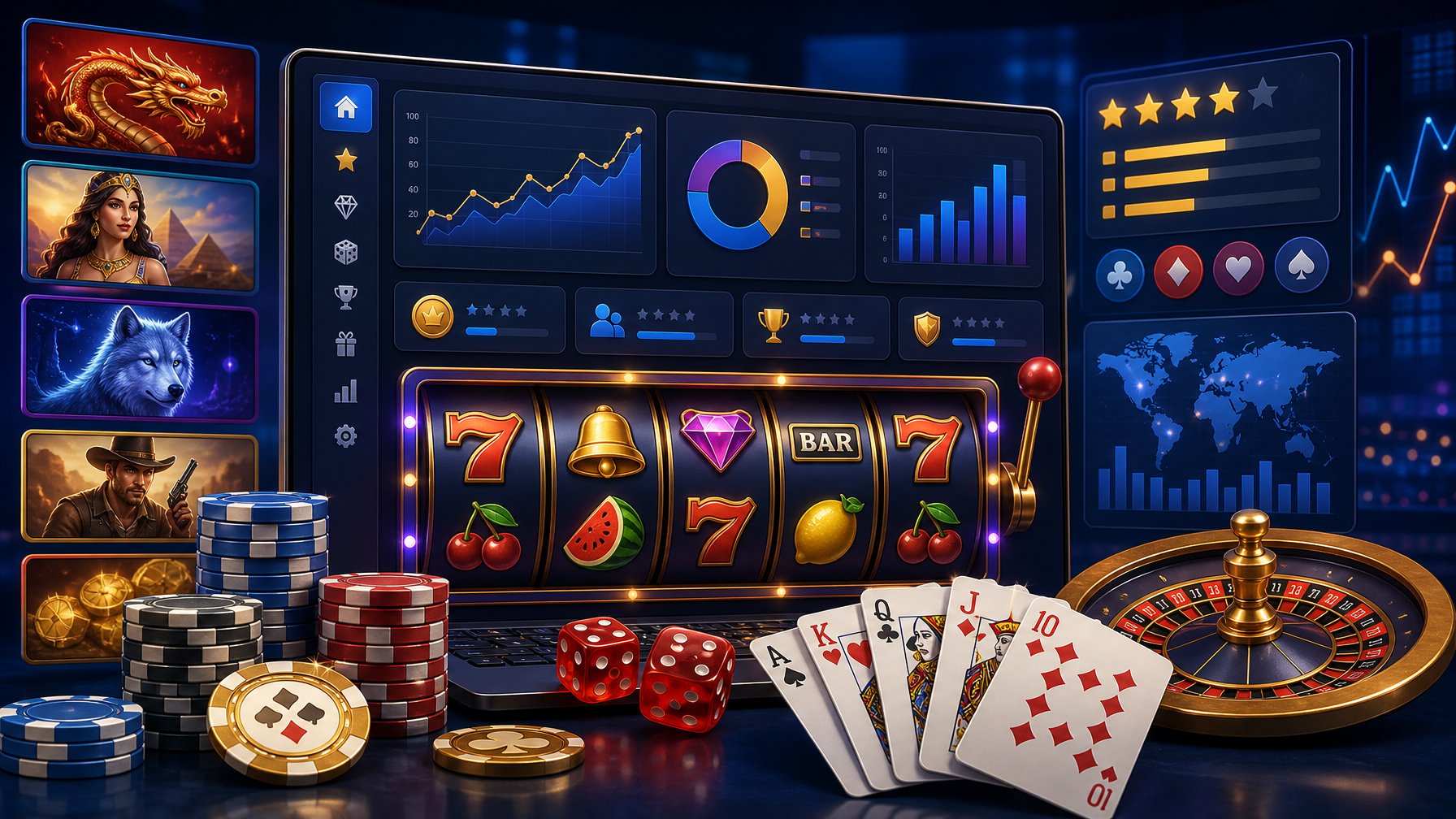 A Digital Dashboard Showing Casino Game Elements Like Slot Reels, Poker Chips, Cards, And Dice With Abstract Charts And Icons In The Background.