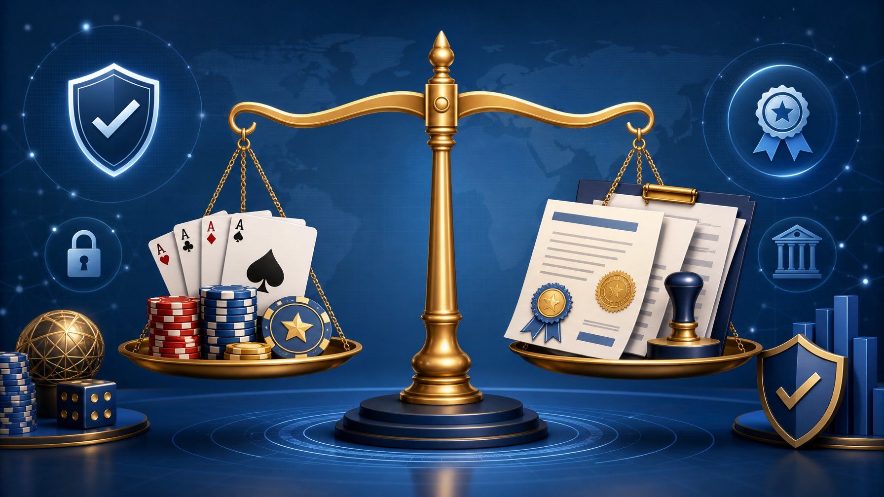 A Balanced Scale With Casino Chips And Playing Cards On One Side And Official Documents On The Other, Surrounded By Security Icons Representing Licensing And Fairness.