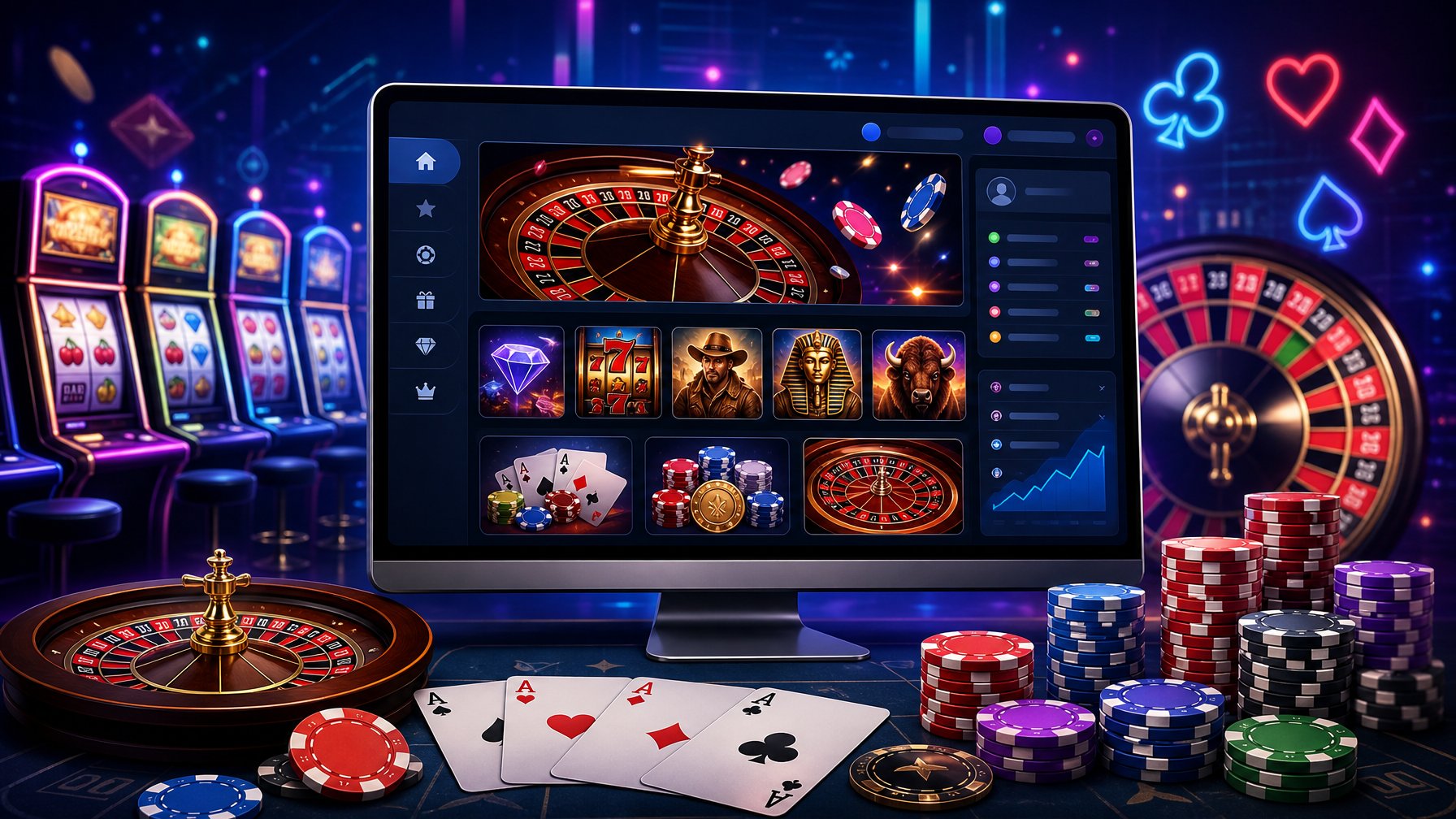 A Digital Scene Showing Casino Game Elements Like Slot Machines, Poker Chips, Playing Cards, And Roulette Wheels Around A Computer Screen Displaying A Casino Dashboard.
