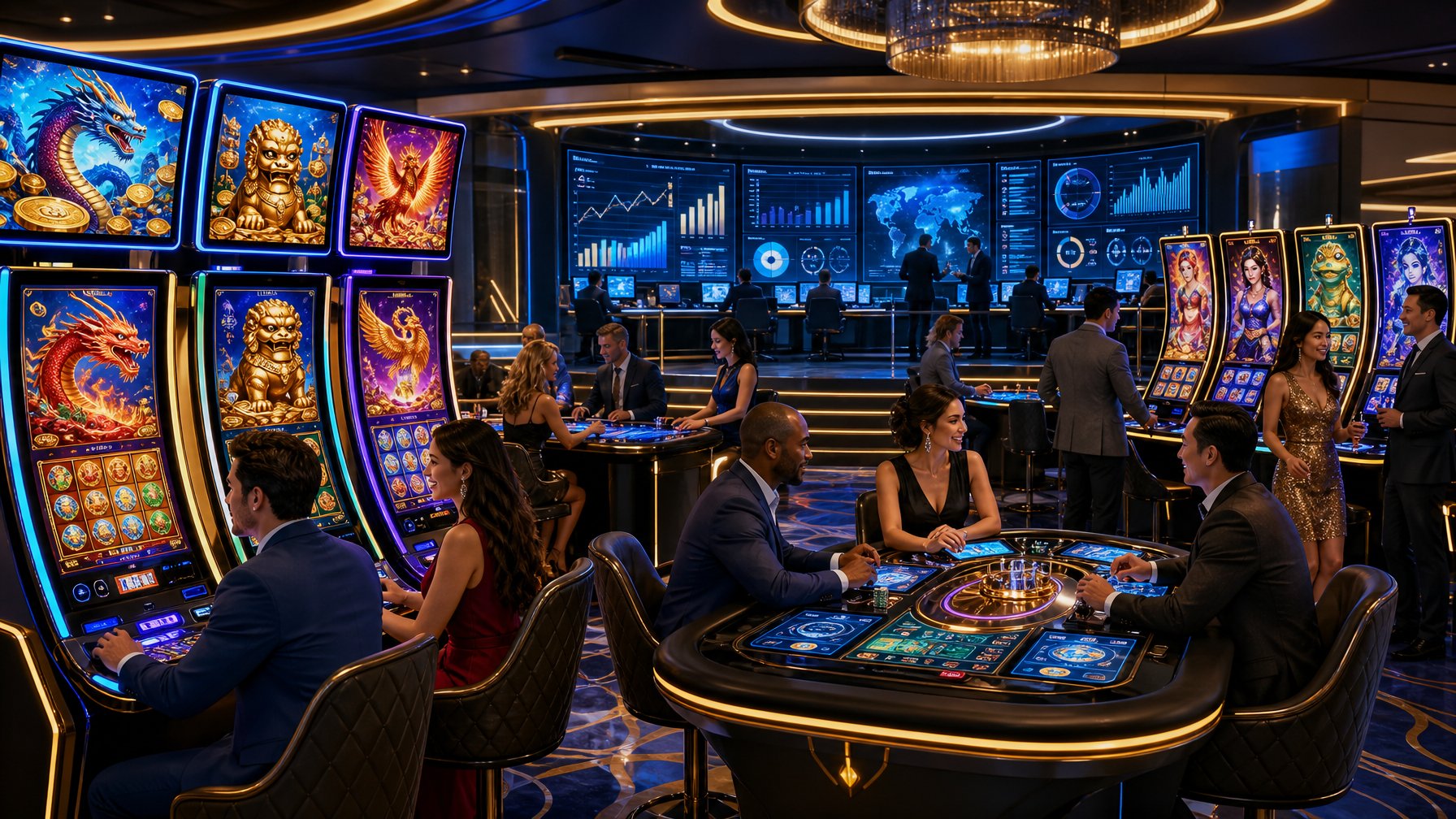 A Modern Casino Floor With Players Enjoying Slot Machines And Digital Tables, Surrounded By Glowing Screens And A HighTech Control Room In The Background.