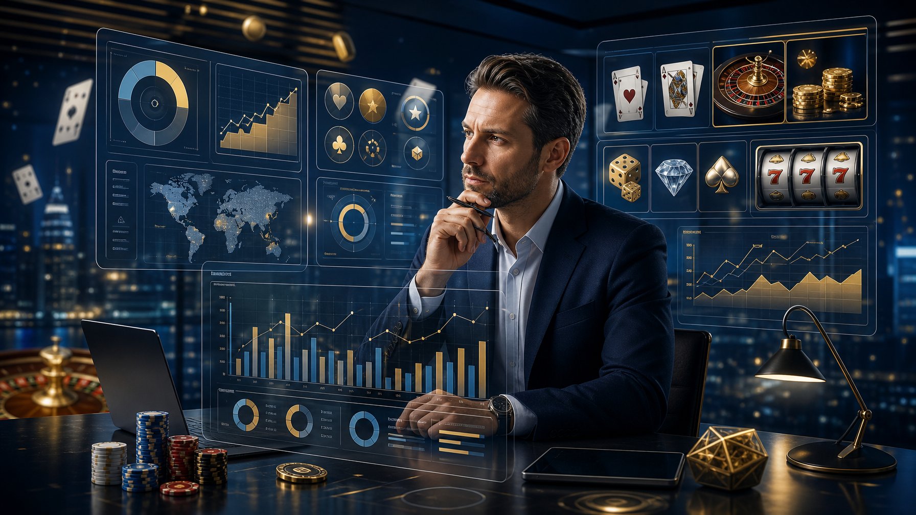 A Business Analyst Reviewing Casino Game Data On Multiple Floating Digital Screens With CasinoThemed Symbols In The Background.
