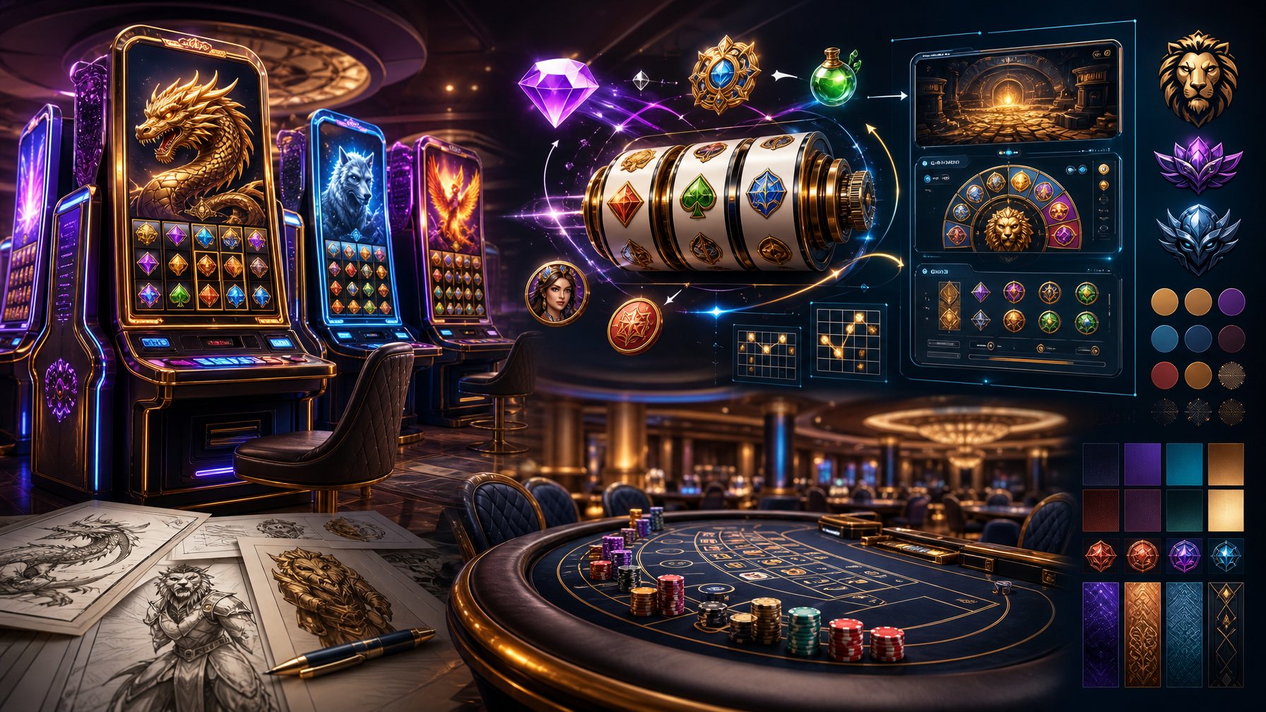 A Modern Casino Scene Showing Innovative Slot Machines And Gaming Tables With Glowing Symbols And Digital Interfaces, Highlighting Game Mechanics And Design Elements.