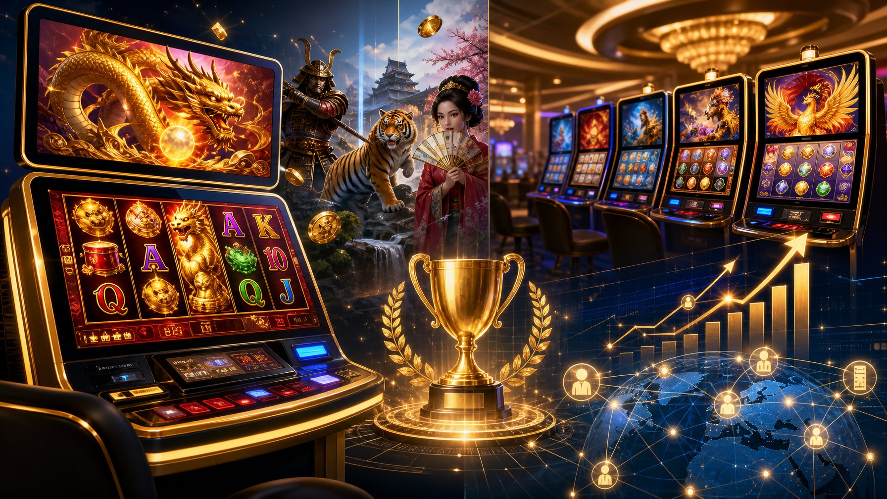 A Modern Casino Scene Featuring Digital Slot Machines With Vibrant Game Displays, Shining Trophies, And Upward Trending Graphs Symbolizing Success And Innovation.
