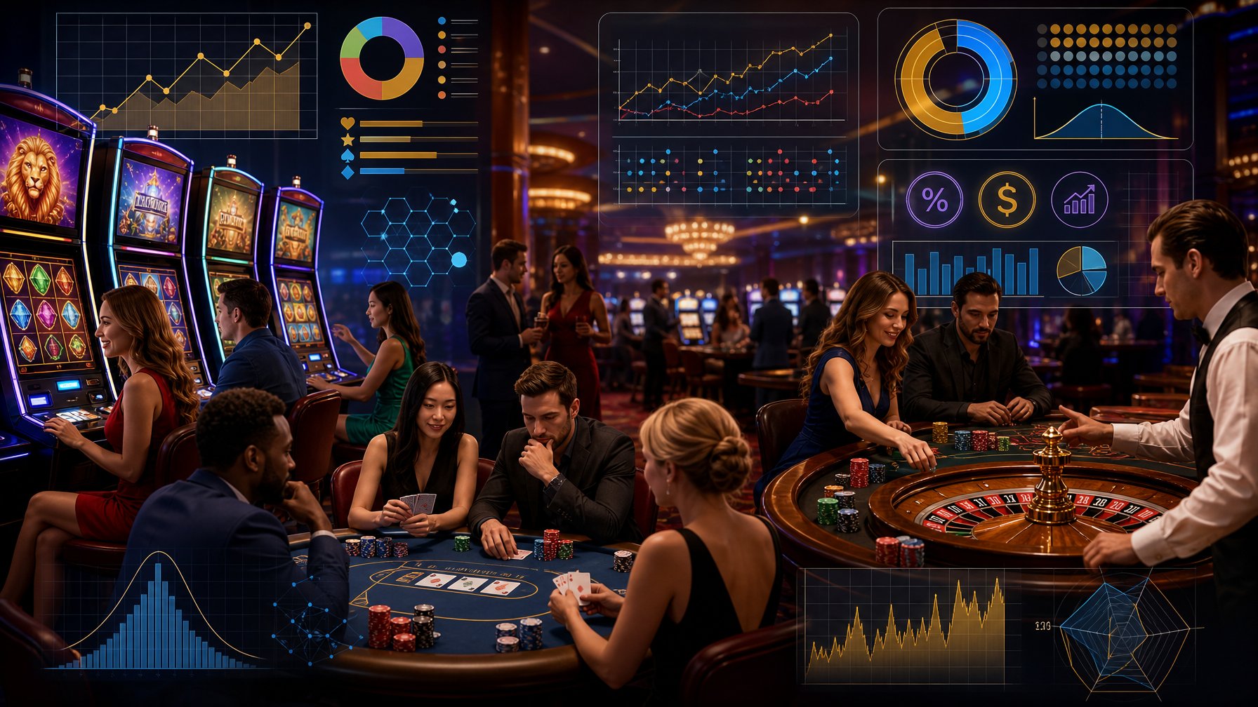 A Casino Scene Showing Players Engaged In Different Games Like Slots, Poker, And Roulette, With Graphical Data Overlays Representing Game Statistics And Player Experience.