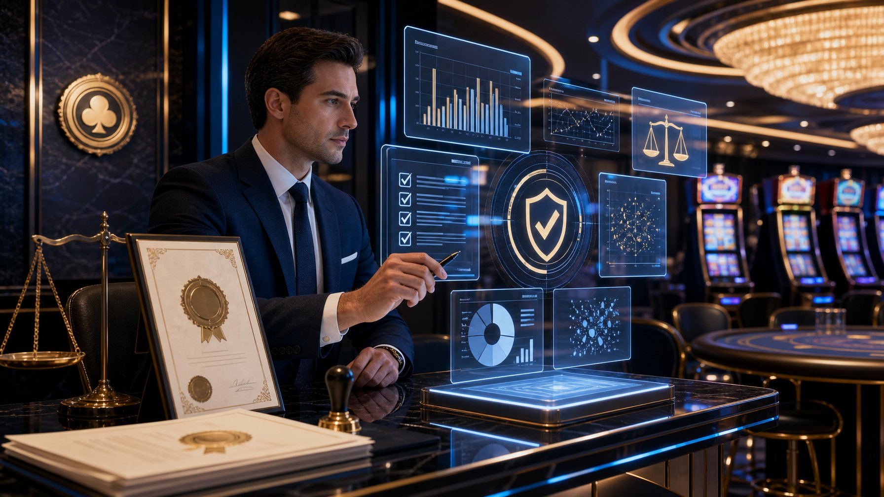 A Business Professional Reviews Digital Charts And Official Documents In A Modern Casino Setting, Symbolizing Licensing, Testing, And Fairness In Casino Gaming.