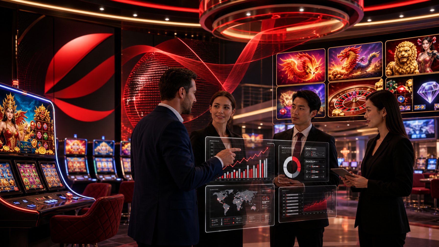 Business Professionals Discussing Casino Game Data On Transparent Screens In A Modern Casino Setting With Gaming Machines In The Background.
