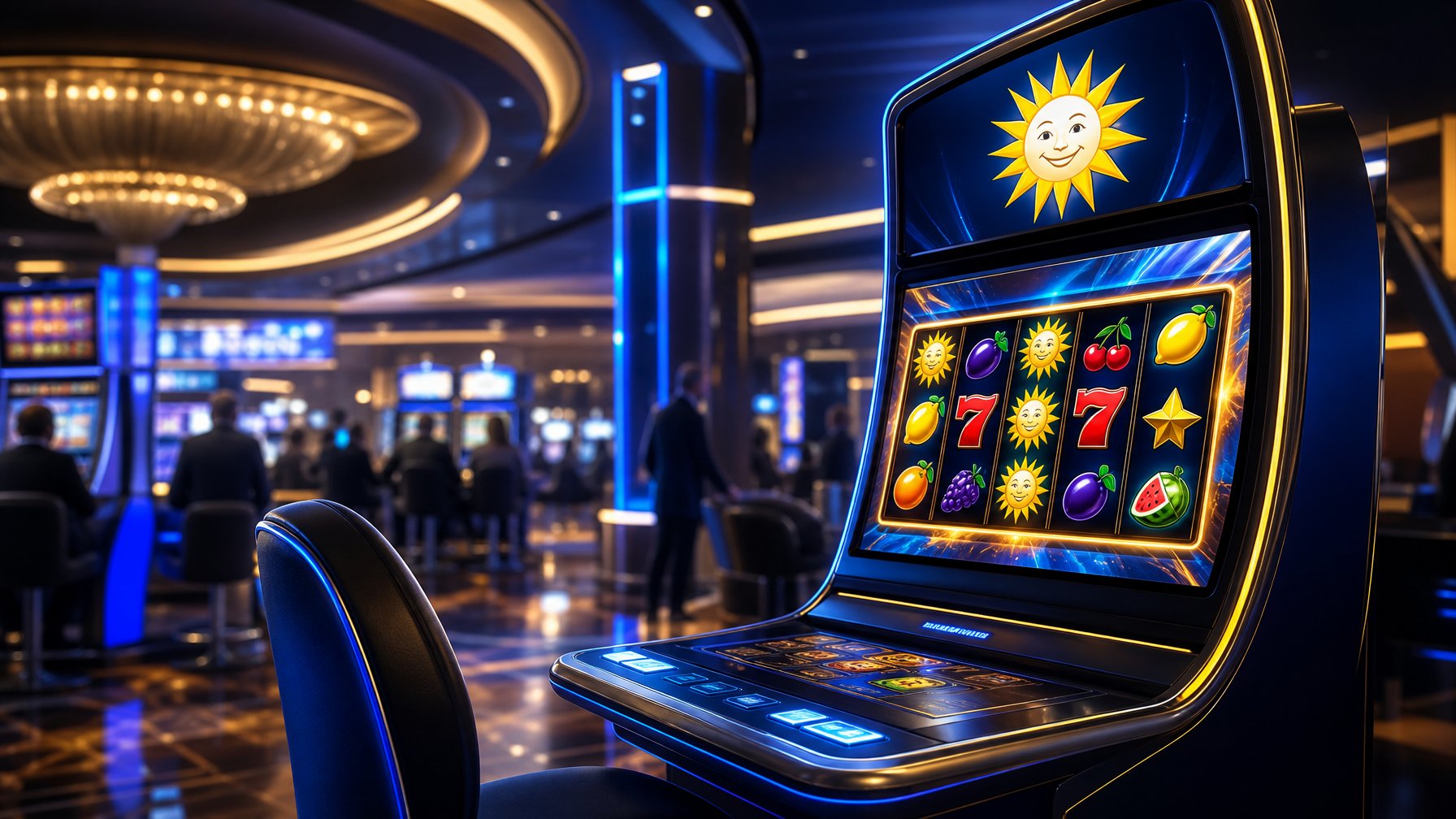 A Modern Casino Scene With A HighTech Slot Machine And A Softly Lit Gaming Floor In The Background.