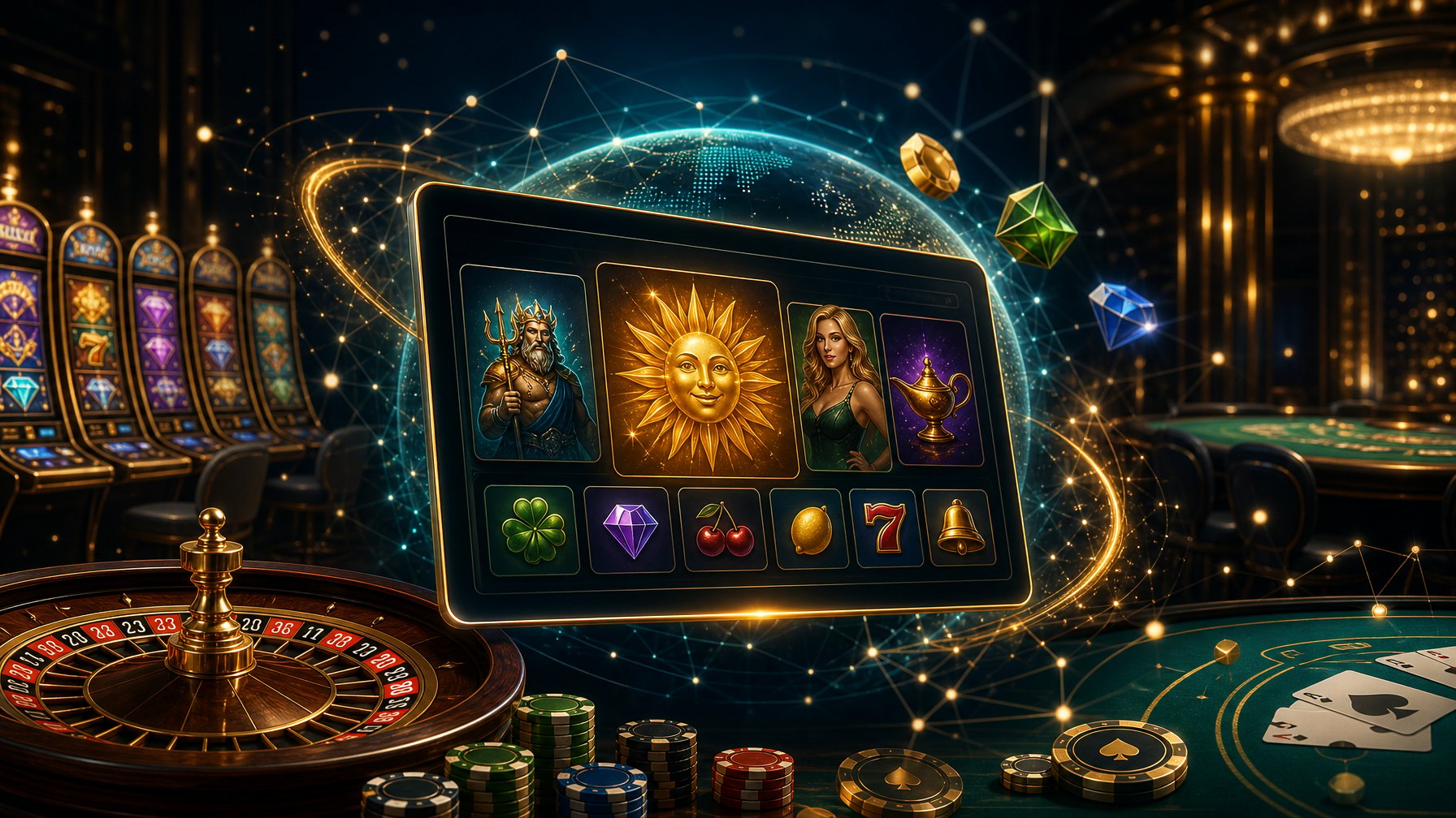 A Casino Scene Featuring Slot Machines, Roulette Wheels, And A Glowing Futuristic Game Interface Surrounded By Digital Connectivity Elements.