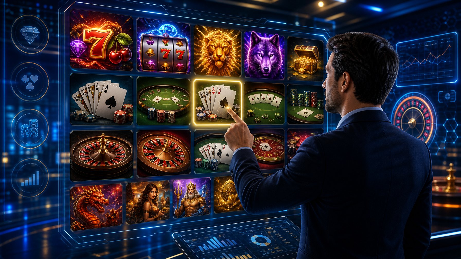 A Person Reviewing A Diverse Collection Of Casino Game Thumbnails On A Futuristic Digital Screen, Featuring Slot Machines, Card Games, And Roulette Wheels.