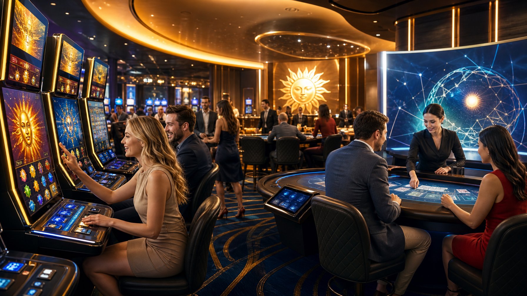 A Casino Scene With Players Interacting With Slot Machines And Gaming Tables Enhanced By Digital Technology.