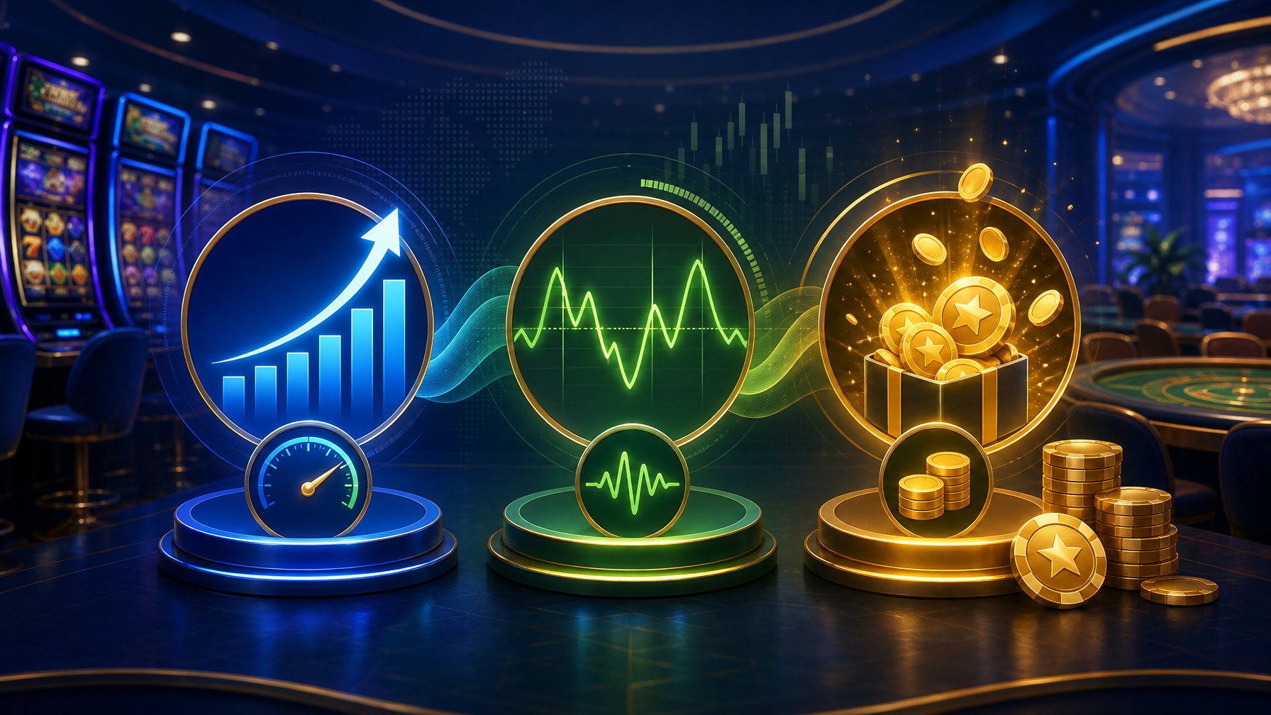 A Modern Casino Scene With Digital Slot Machines And Charts Showing Game Statistics Like Rtp, Volatility, And Bonus Value Represented By Graphs And Glowing Coins.