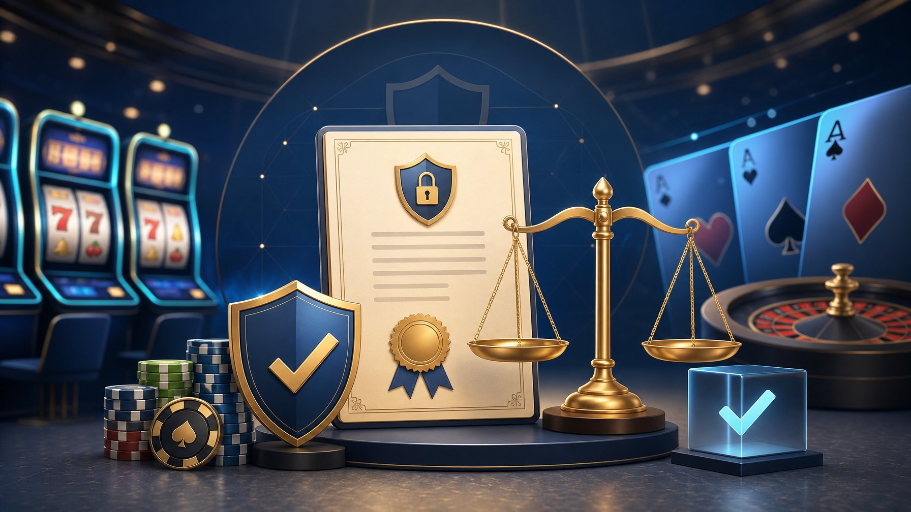 Illustration Showing Symbols Of Licensing, Fairness, And Trust With Casino Game Elements Like Slot Machines And Cards In The Background.