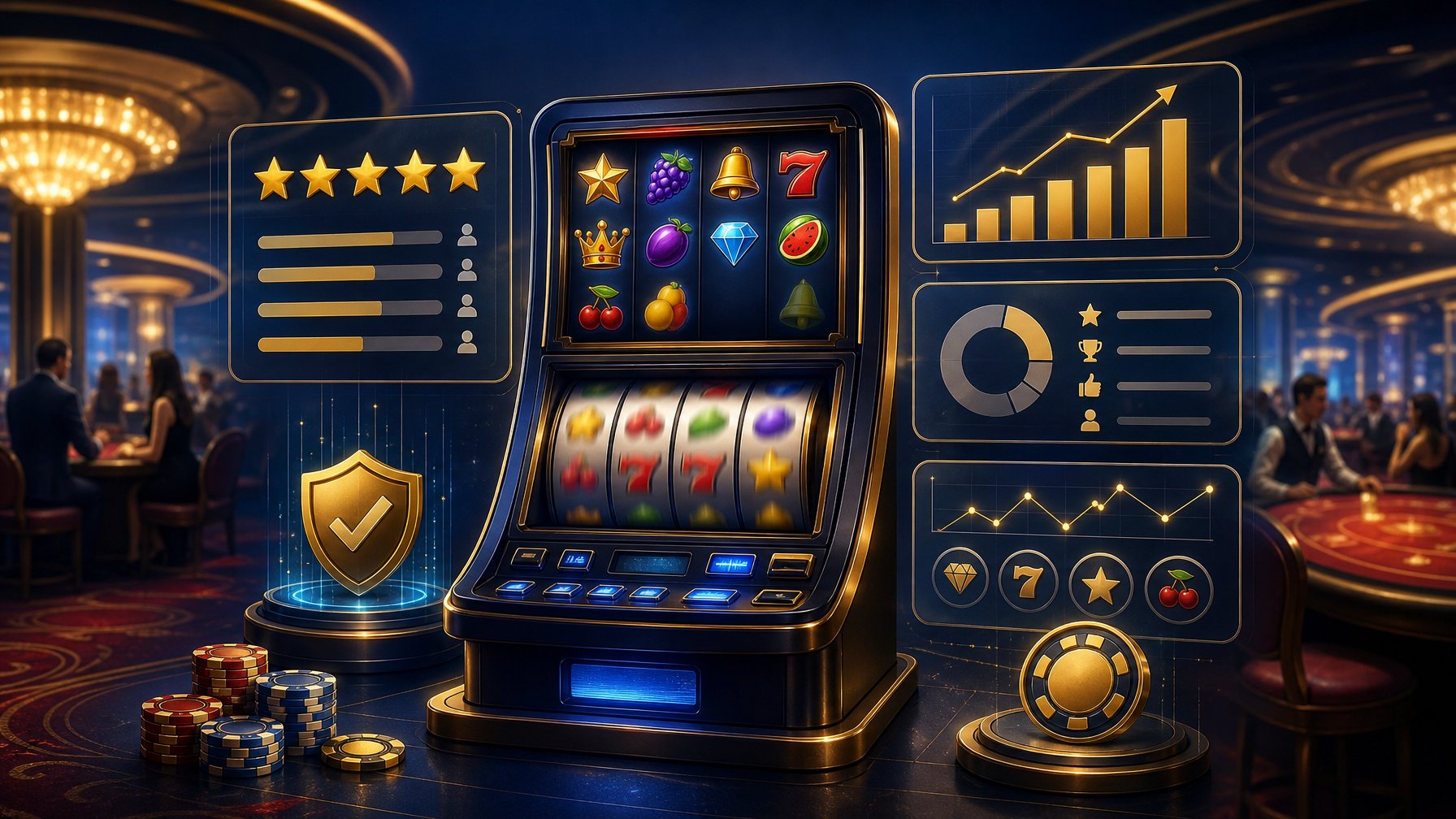 A Modern Casino Scene With A Digital Slot Machine Surrounded By Charts And Rating Icons, Set On A Softly Lit Casino Floor.