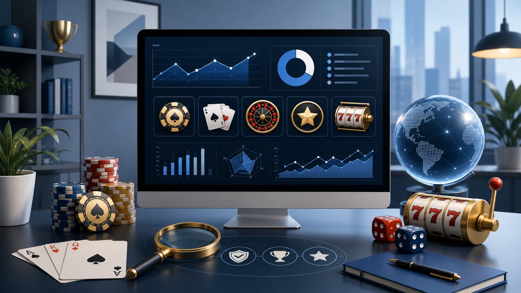 A Modern Workspace With A Computer Showing Charts And Casino Game Icons, Surrounded By Playing Cards And Dice, Representing A Casino Game Provider Review.