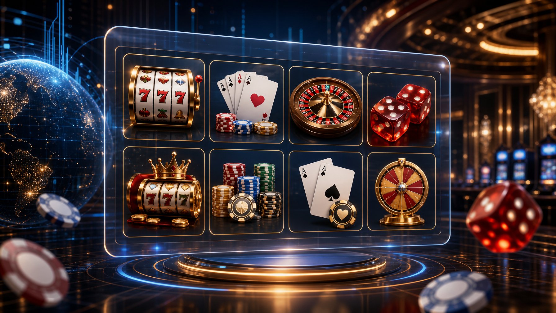 A Digital Interface Showing Various Casino Game Icons Like Slot Machines, Cards, Roulette Wheels, And Dice With Abstract Technology Elements In The Background.