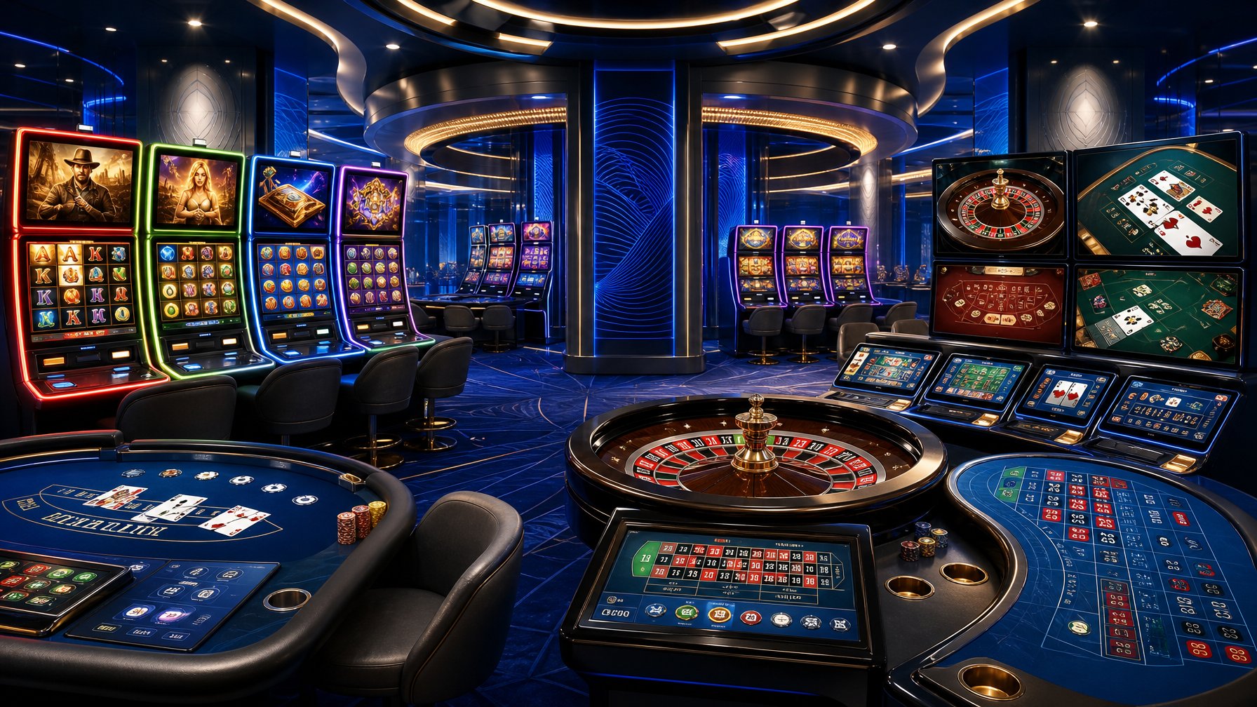 A Modern Casino Scene Showing A Variety Of Gaming Machines And Tables Representing Different Types Of Casino Games.