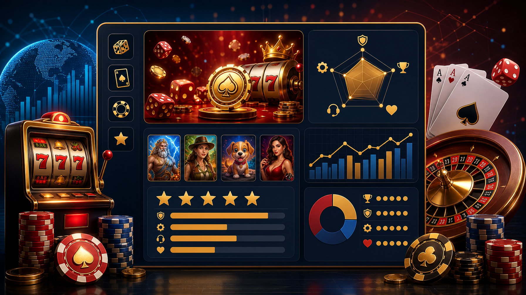 A Digital Dashboard Showing Casino Game Elements Like Slot Machines, Cards, Dice, And Chips With Charts And Rating Icons Representing A Provider Review.