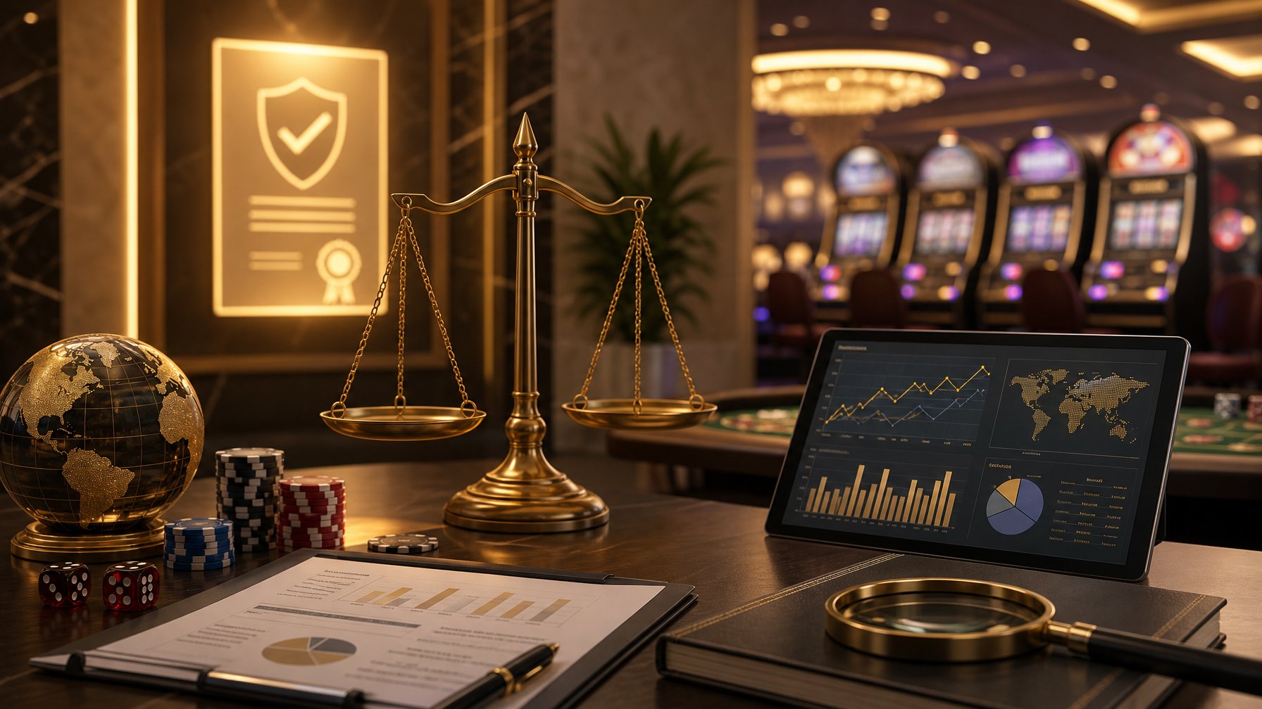 A Modern Casino Scene Showing Balanced Scales On A Desk With Digital Charts And A Glowing License Icon In The Background, Symbolizing Fairness, Licensing, And Market Standing.