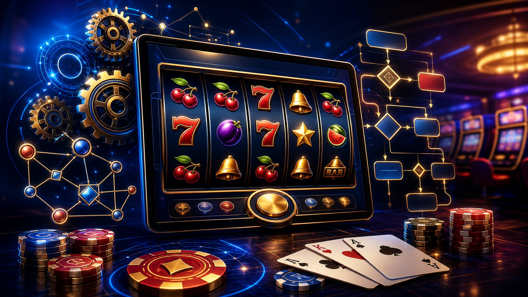 A Digital Casino Game Interface With Slot Reels And Symbols, Surrounded By Abstract Gears And Flowcharts Representing Game Design And Mechanics.