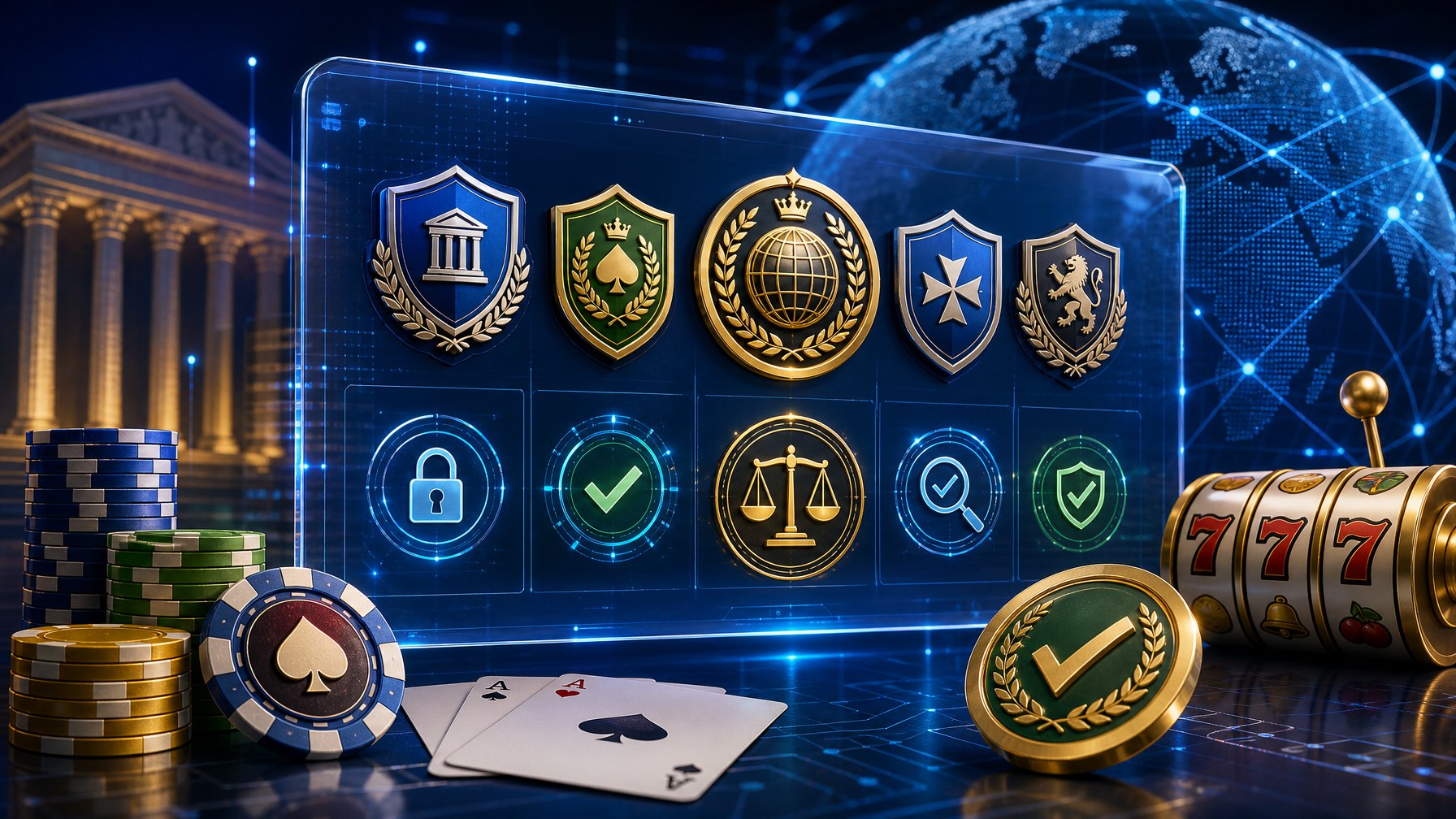 A Digital Interface Showing Certification Badges And Fairness Symbols Alongside Casino Game Elements Like Poker Chips And Playing Cards, Representing Licensing And Trust In An Online Casino Game Provider.