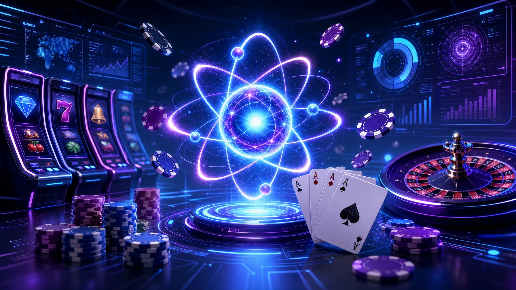 A Futuristic Gaming Scene Featuring A Glowing Nucleus Surrounded By Casino Game Elements Like Slot Machines, Poker Chips, Playing Cards, And Roulette Wheels With Digital Data Displays In The Background.